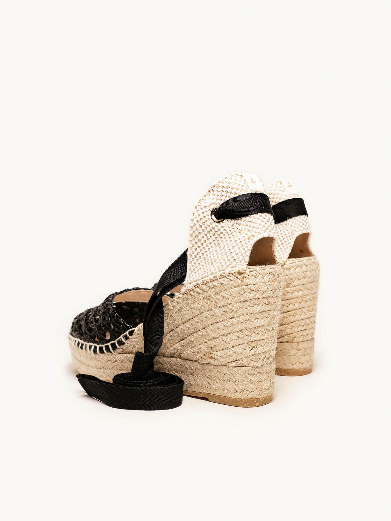 Sandália Romero Anabela 10 cm Ráfia Preto