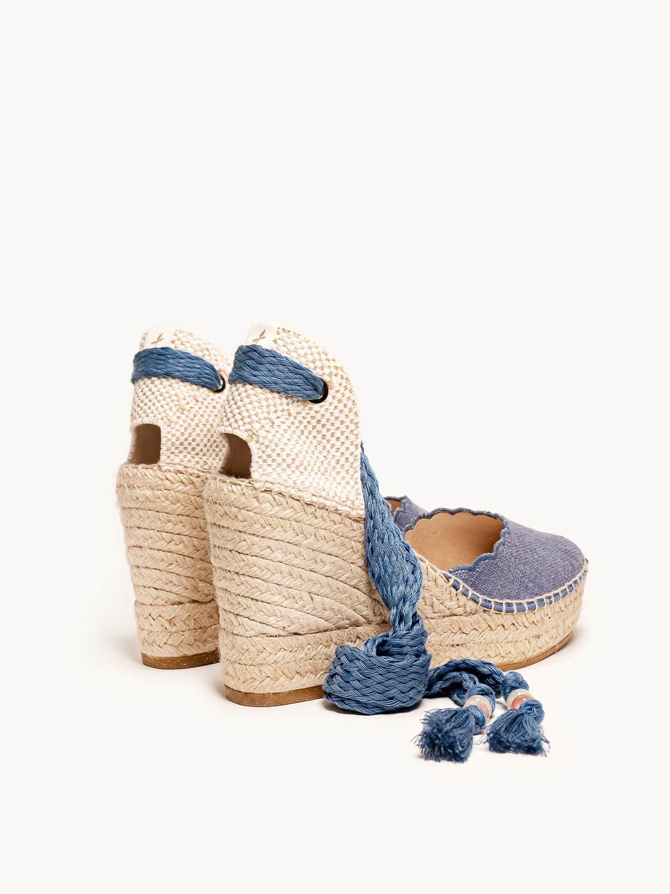 Sandália Romero Anabela 10 cm Linho Azul Jeans