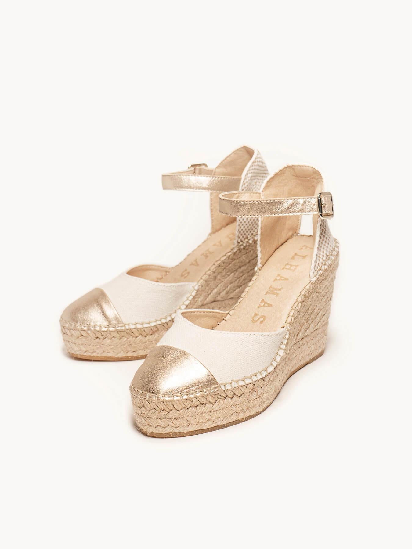 Sandália Anabela Alta Marga Napa Linho Dourada