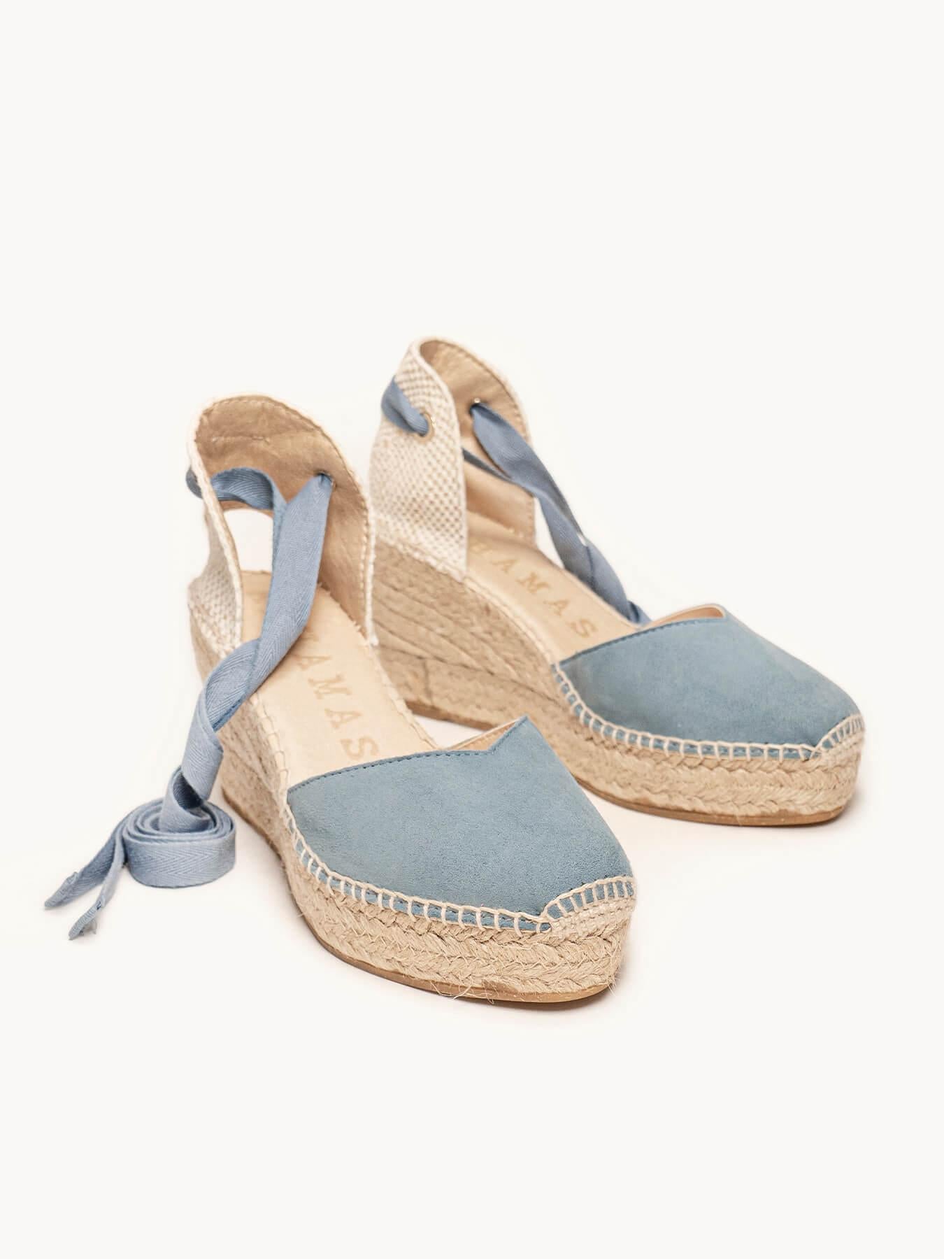 Sandália Romero Anabela 8 cm Camurça Azul Jeans