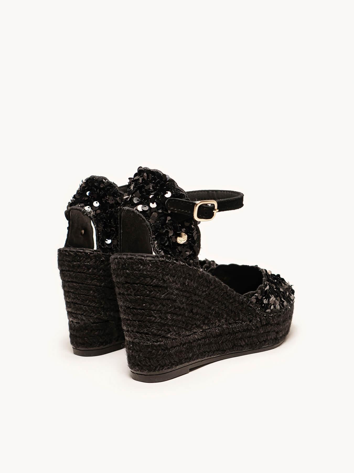 Sandália Jara Anabela 10 cm Paetês Preto