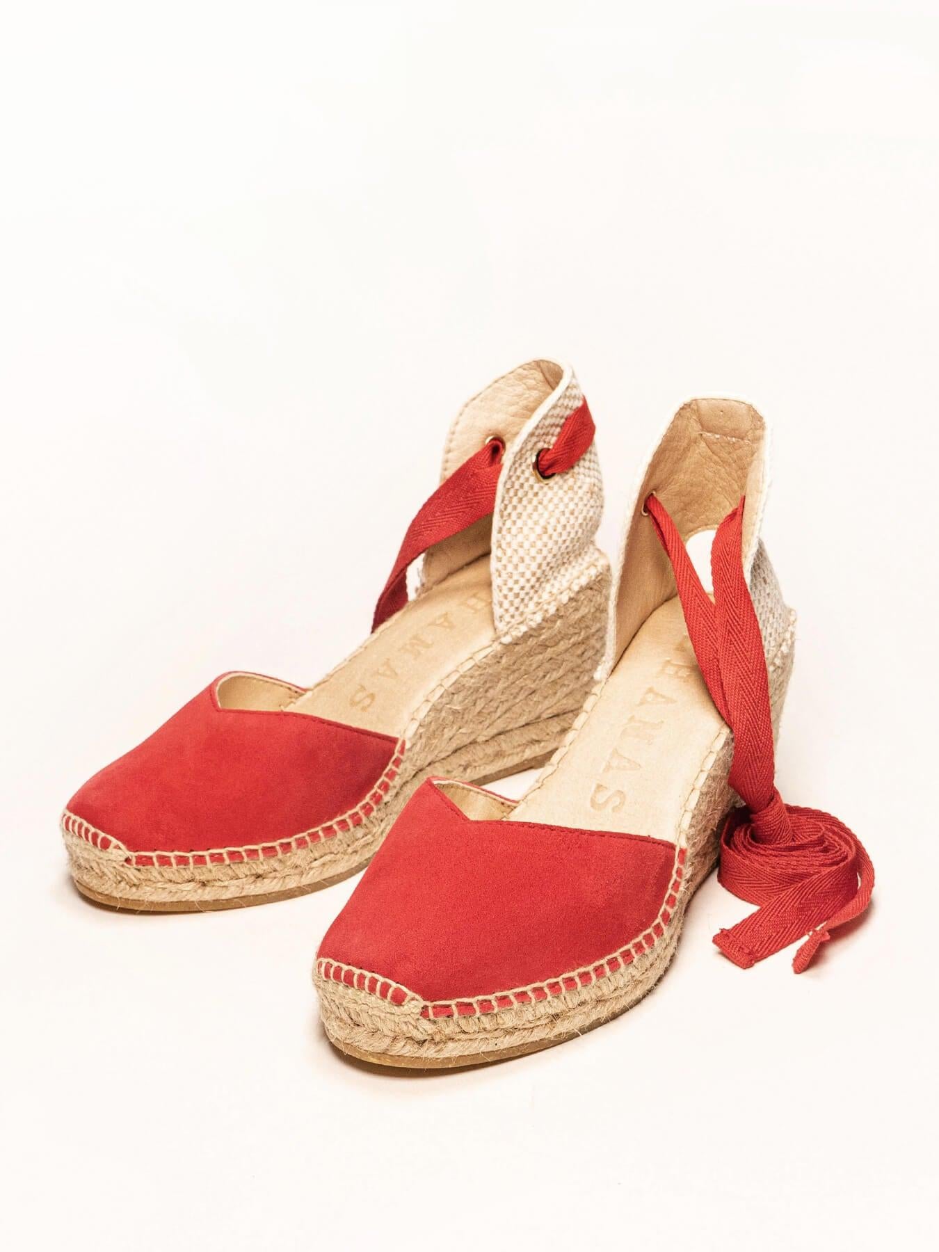 Sandália Romero Anabela 7 cm Camurça Vermelho