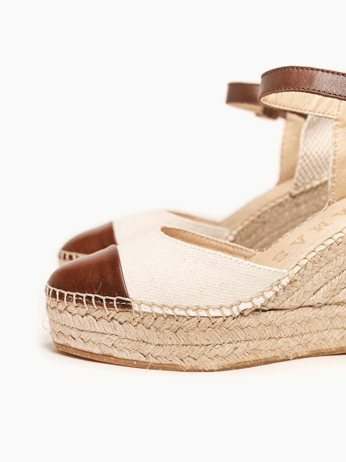 Sandália Anabela Alta Marga Napa Linho Marrom