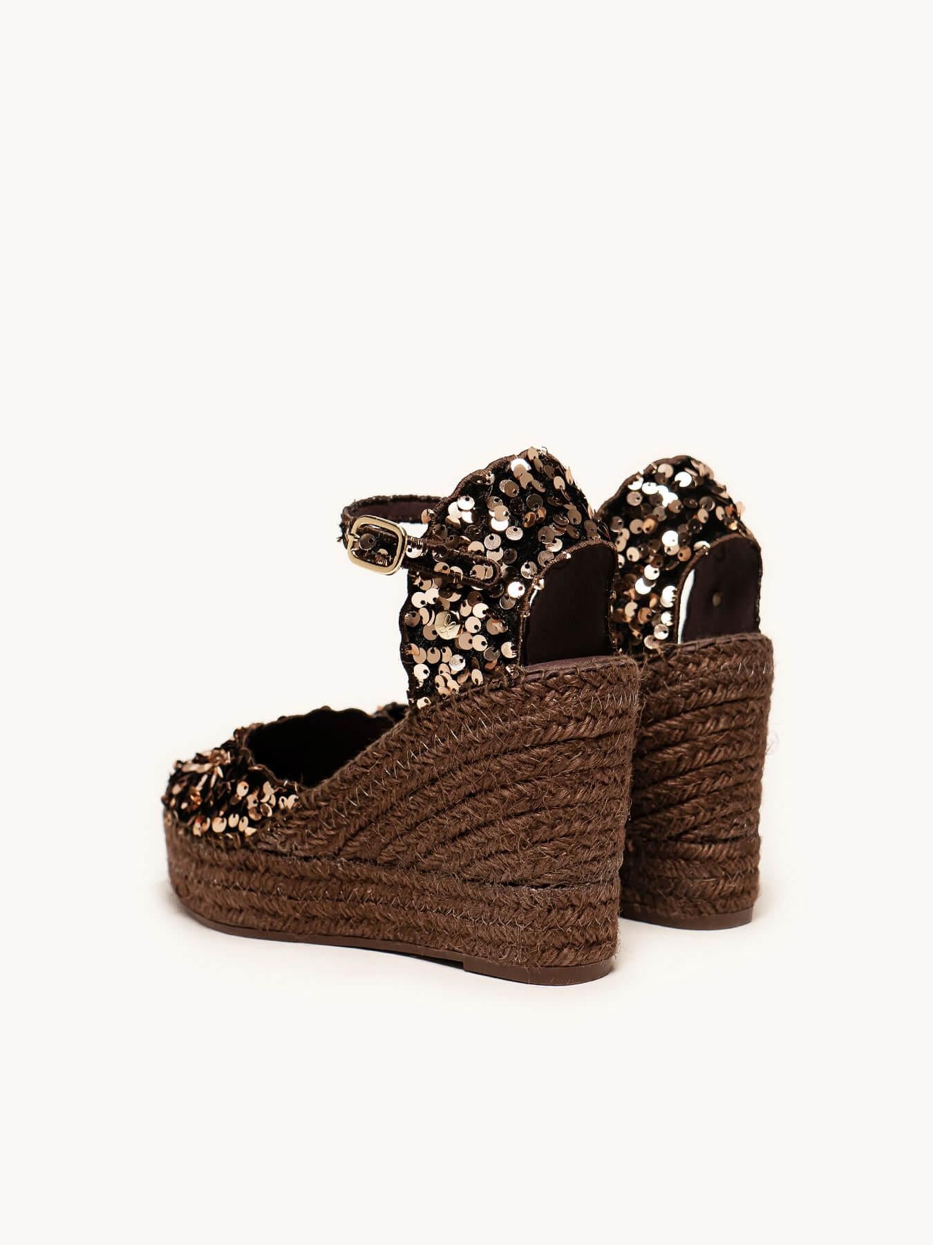 Sandália Jara Anabela 10 cm Paetês Marrom