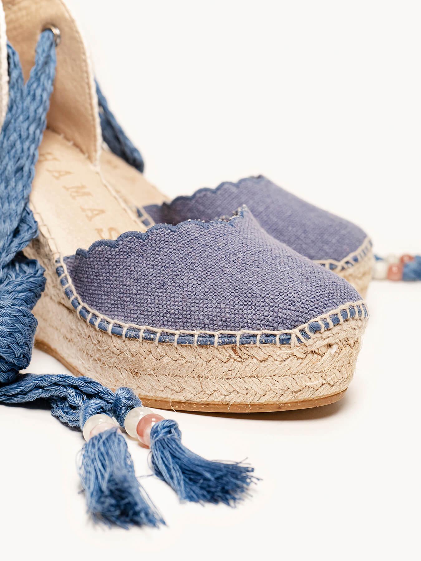 Sandália Romero Anabela 10 cm Linho Azul Jeans