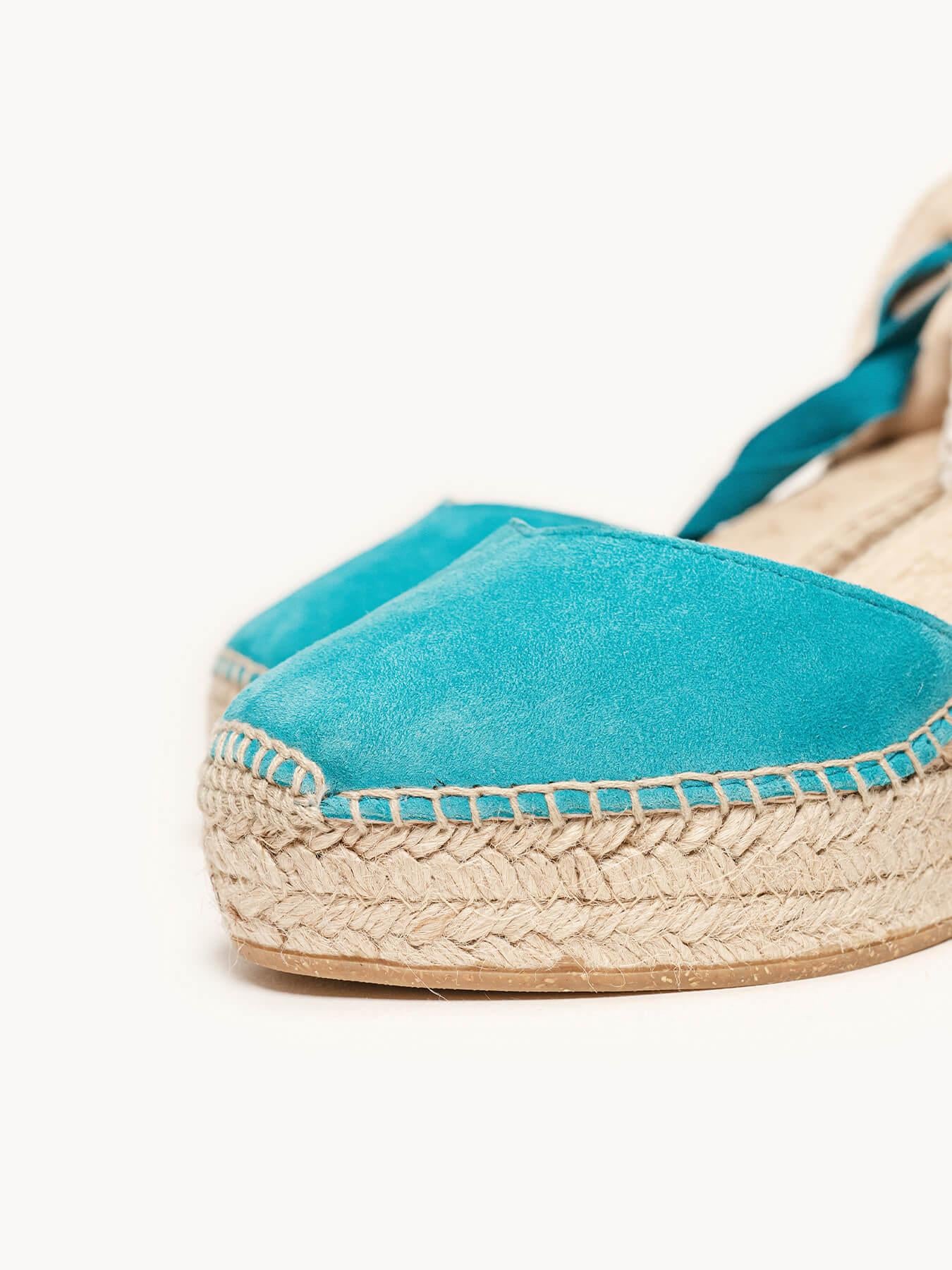 Sandália Romero Anabela 8 cm Camurça Azul Turquesa