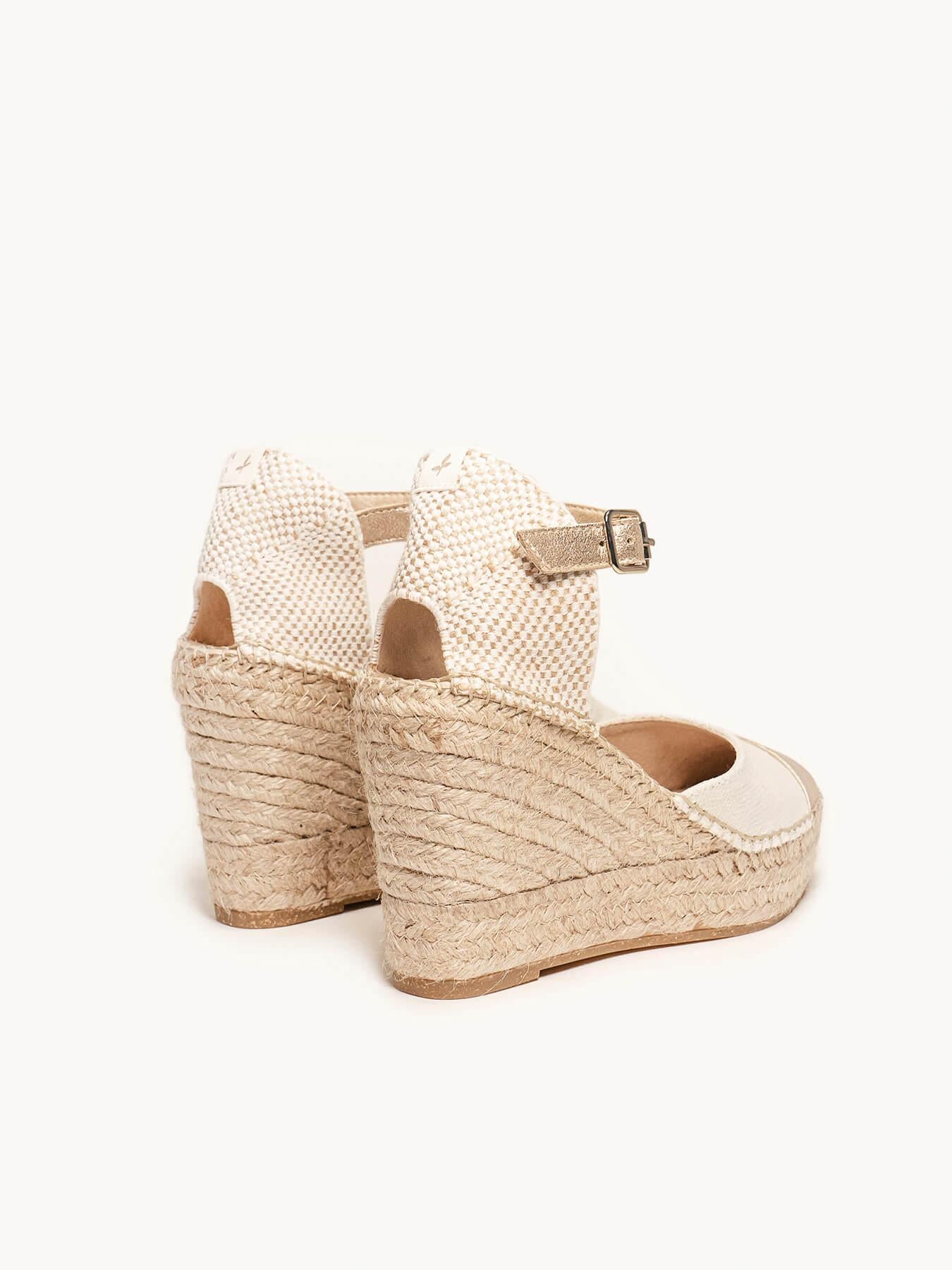 Sandália Anabela Alta Marga Napa Linho Dourada