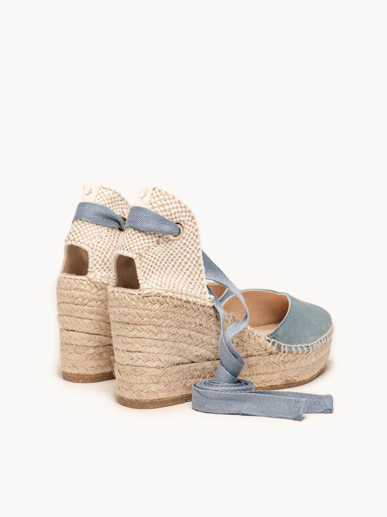 Sandália Romero Anabela 8 cm Camurça Azul Jeans