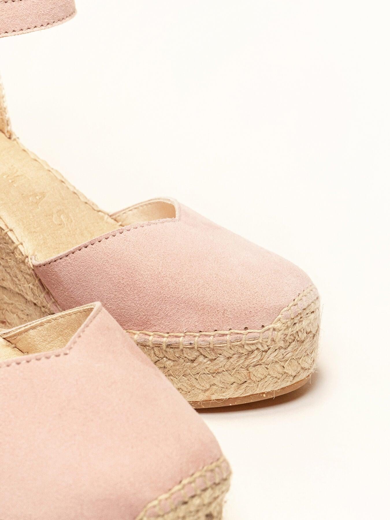 Sandália Anabela Alta Jara Camurça Rosa Clara