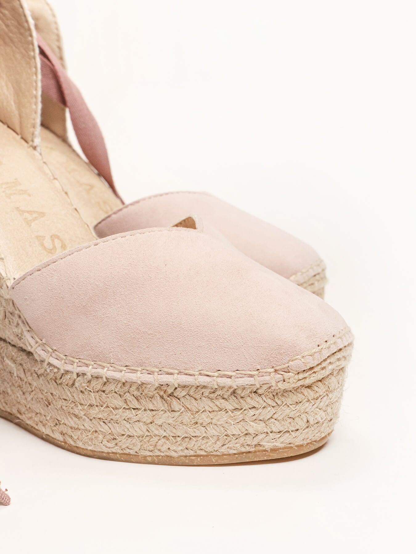 Sandália Romero Anabela 12 cm Camurça Rosa Claro