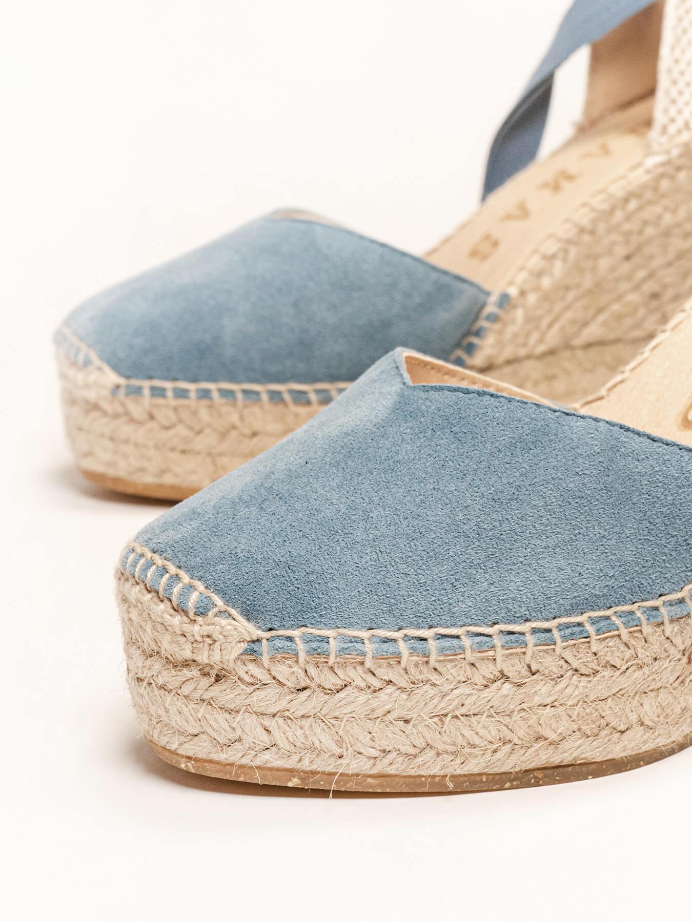 Sandália Anabela Alta Romero Camurça Azul Jeans