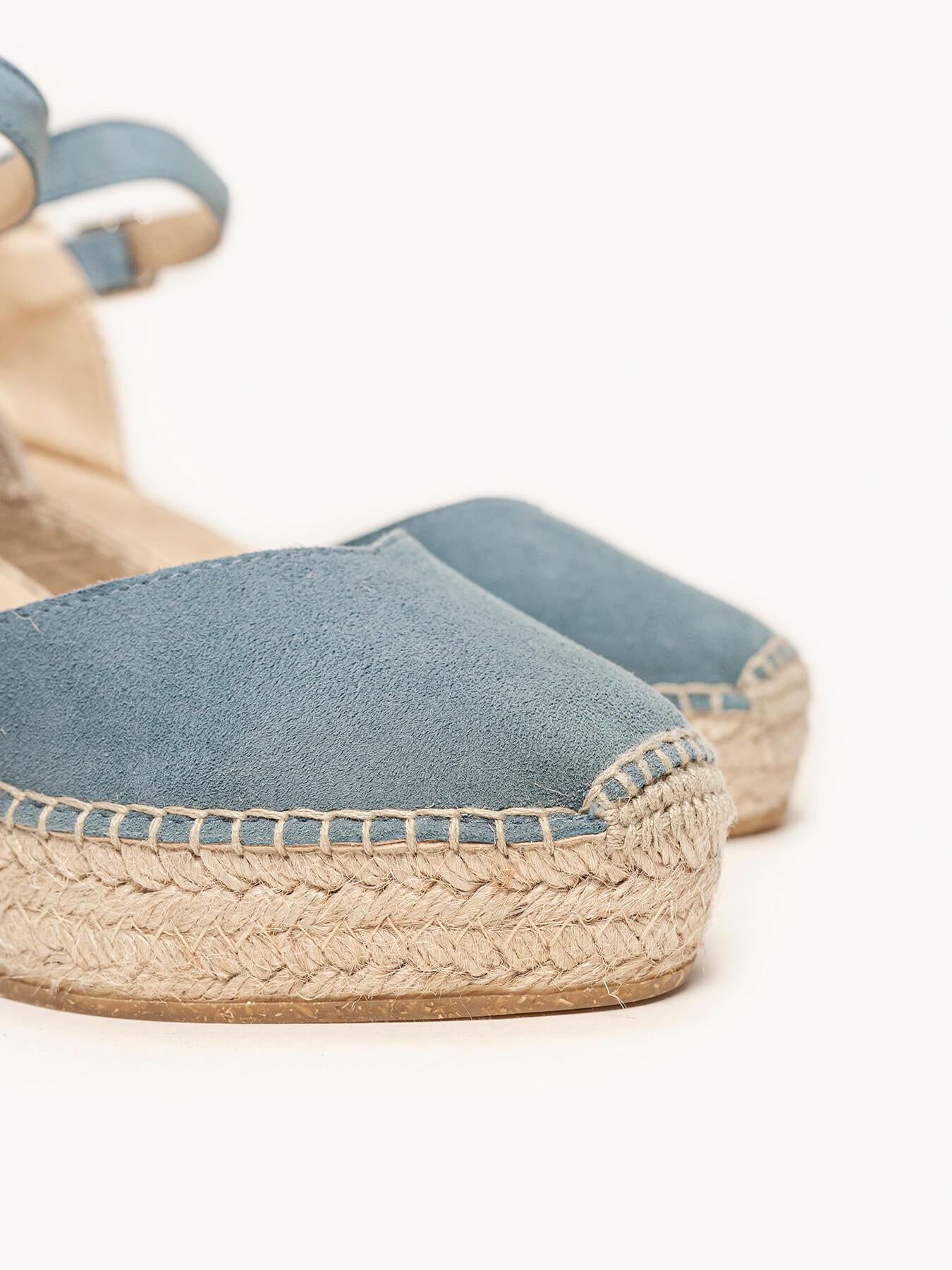 Sandália Anabela Média Plataforma Jara Camurça Azul Jeans