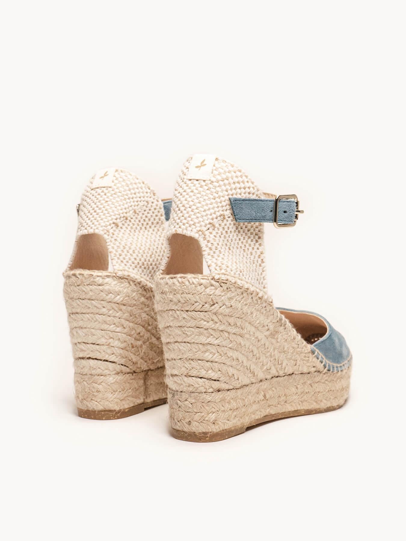 Sandália Anabela Alta Jara Camurça Azul Jeans