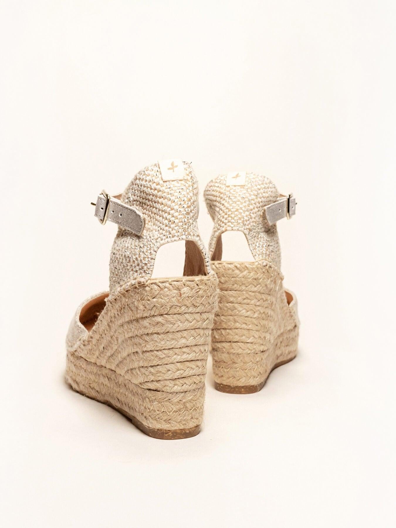 Sandália Anabela Alta Dalia Linho Metalizado Prata