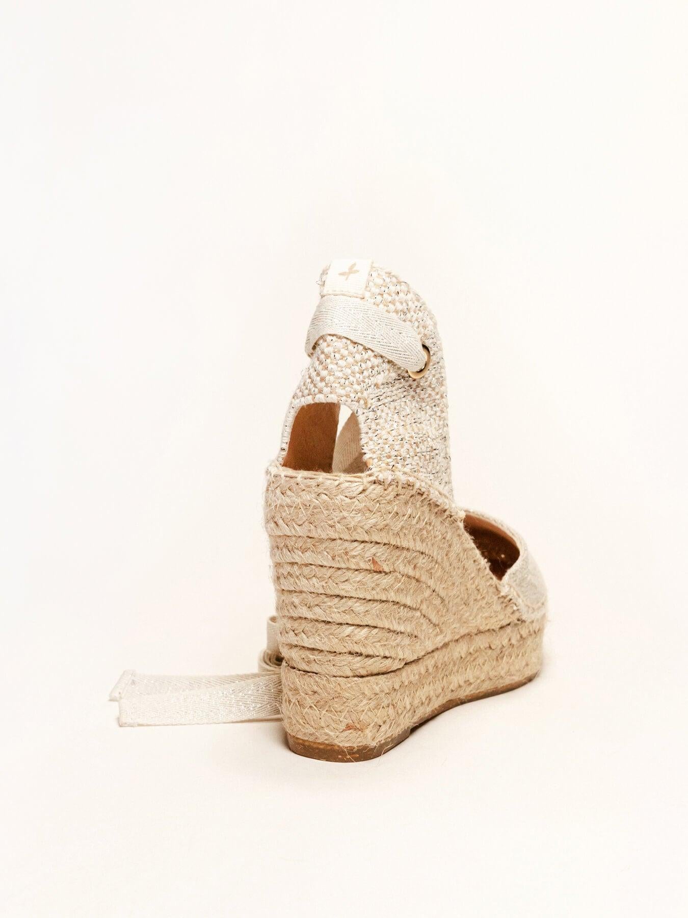 Sandália Anabela Alta Cala Linho Metal Prata