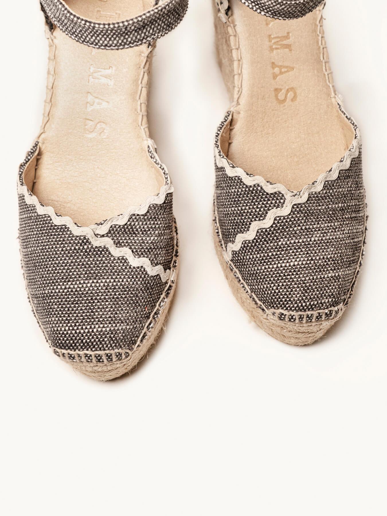 Sandália Anabela Alta Jara Linho Mesclado Preto