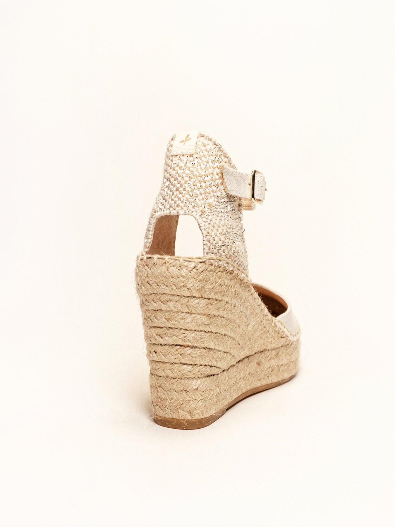 Sandália Dalia Anabela 10 cm Lona Metal Branco