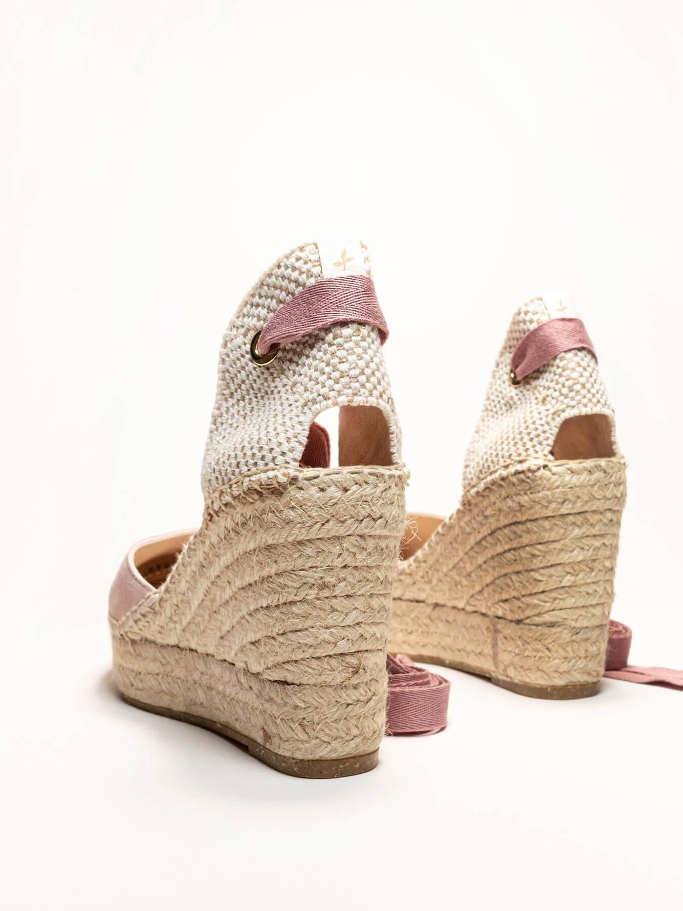 Sandália Anabela Alta Romero Camurça Rosa Claro