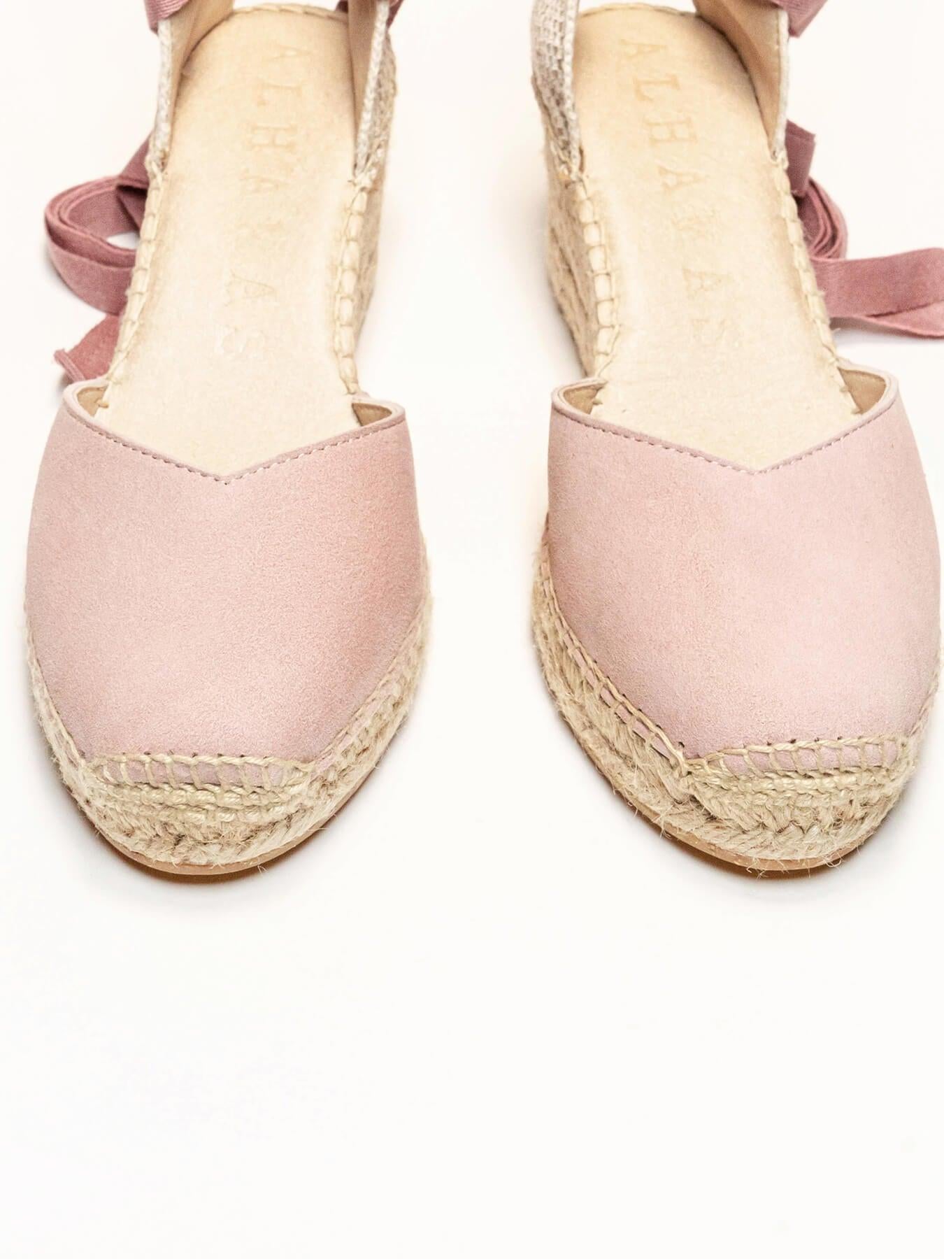 Sandália Romero Anabela 7 cm Camurça Rosa Claro