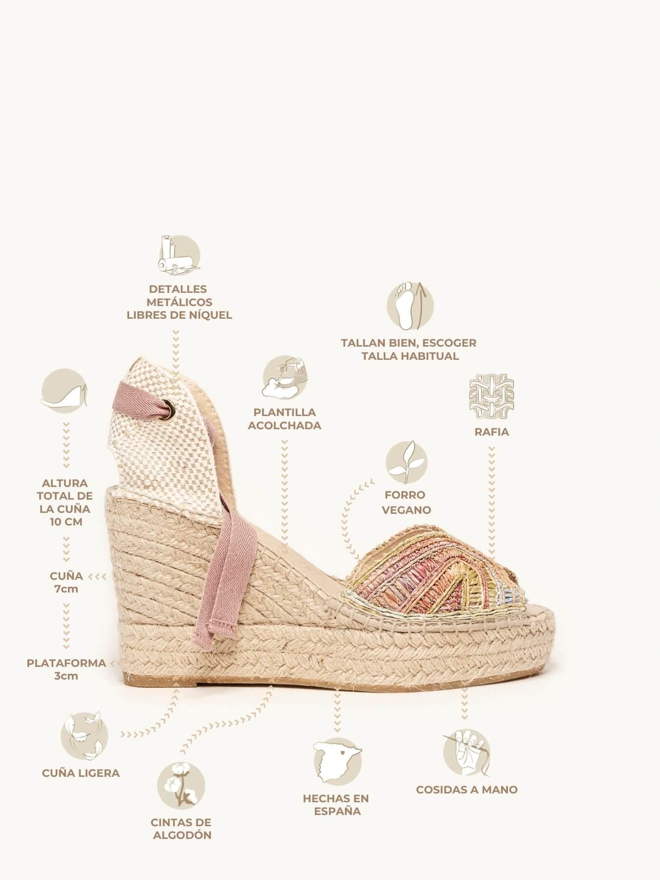 Sandália Anabela Alta Lirio Ráfia Rosa Claro