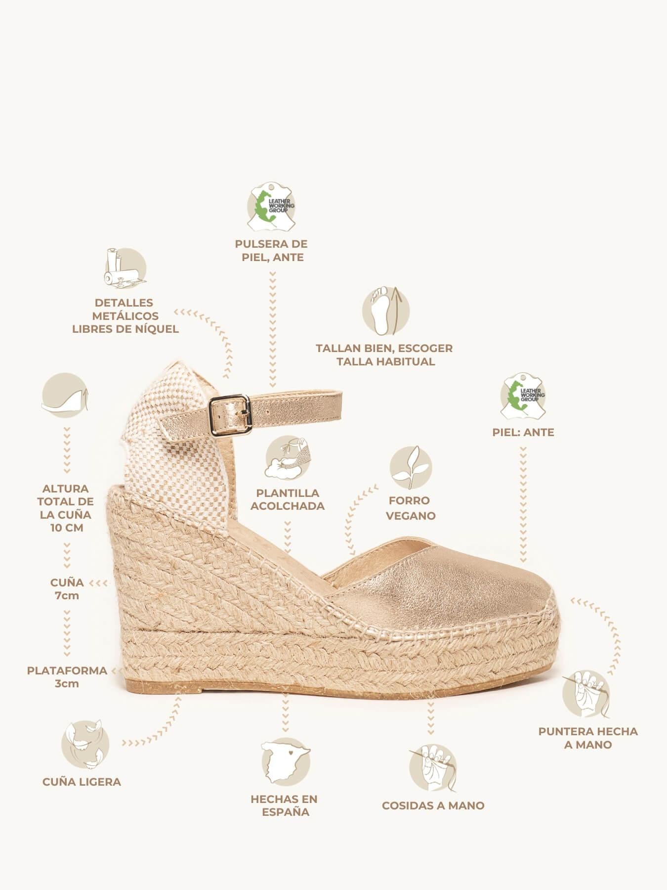 Sandália Anabela Alta Jara Camurça Dourado Metalizado