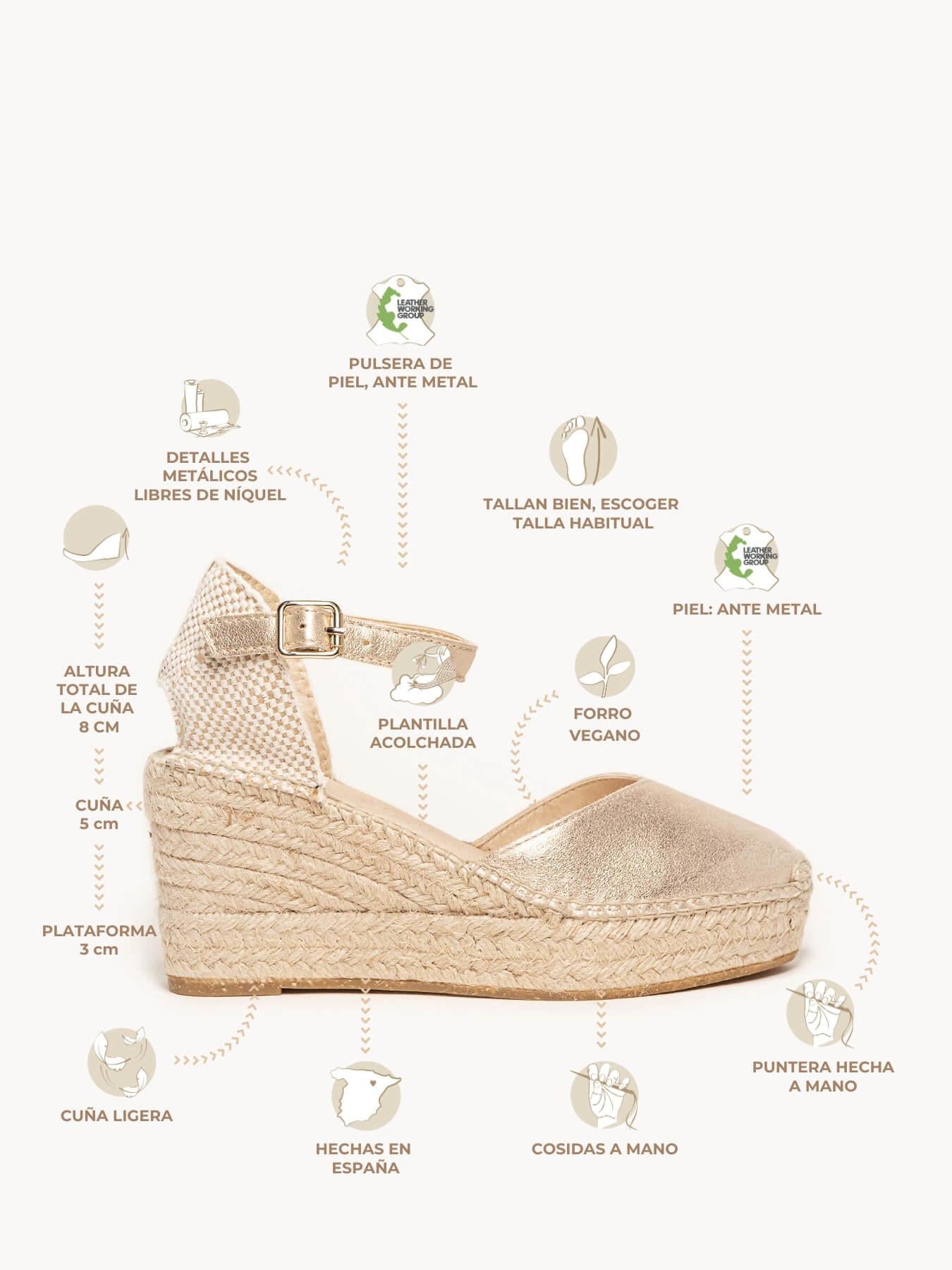 Sandália Anabela Média Plataforma Jara Camurça Dourado Metalizado