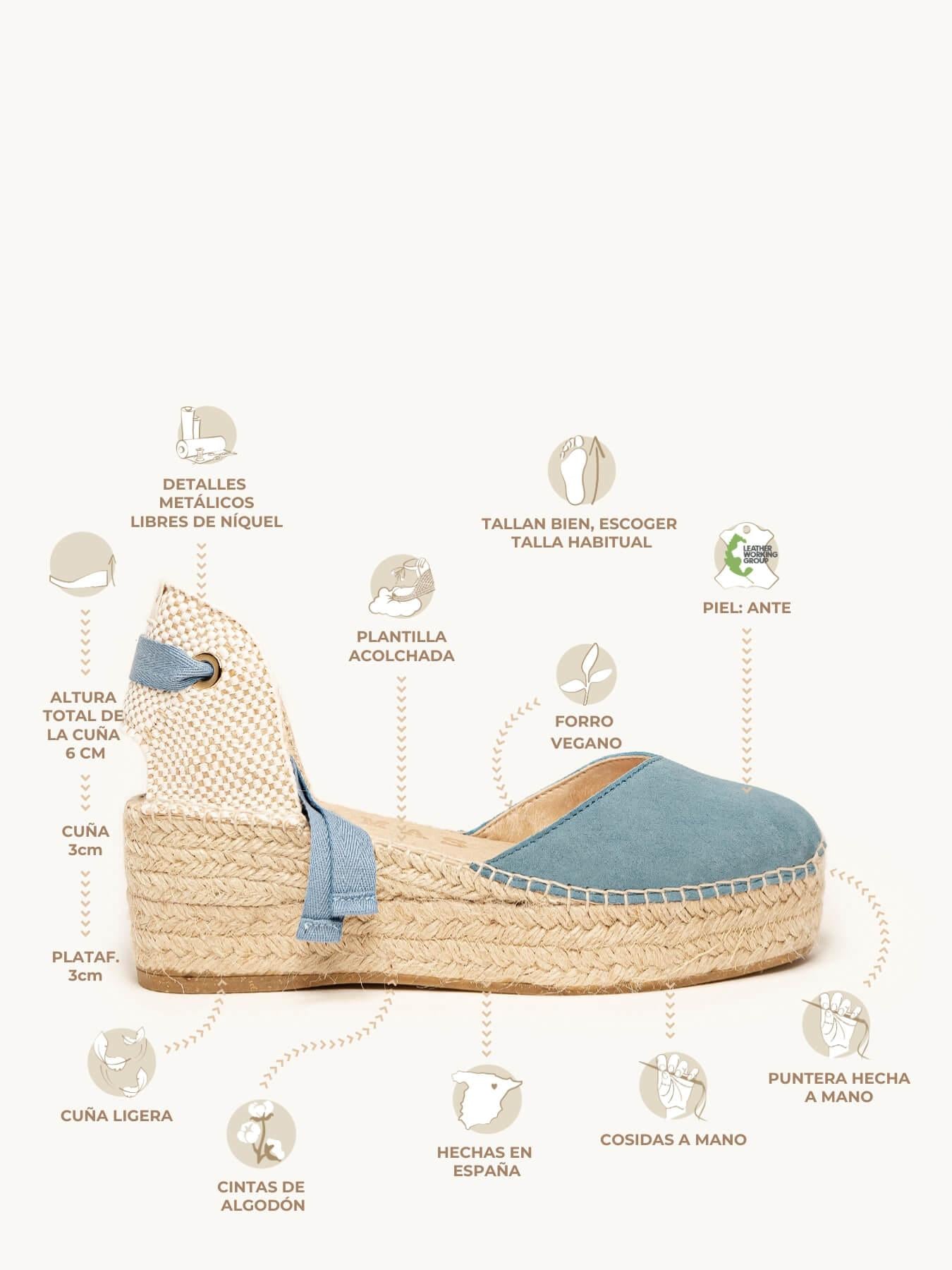 Sandália Romero Anabela 6 cm Camurça Azul Jeans