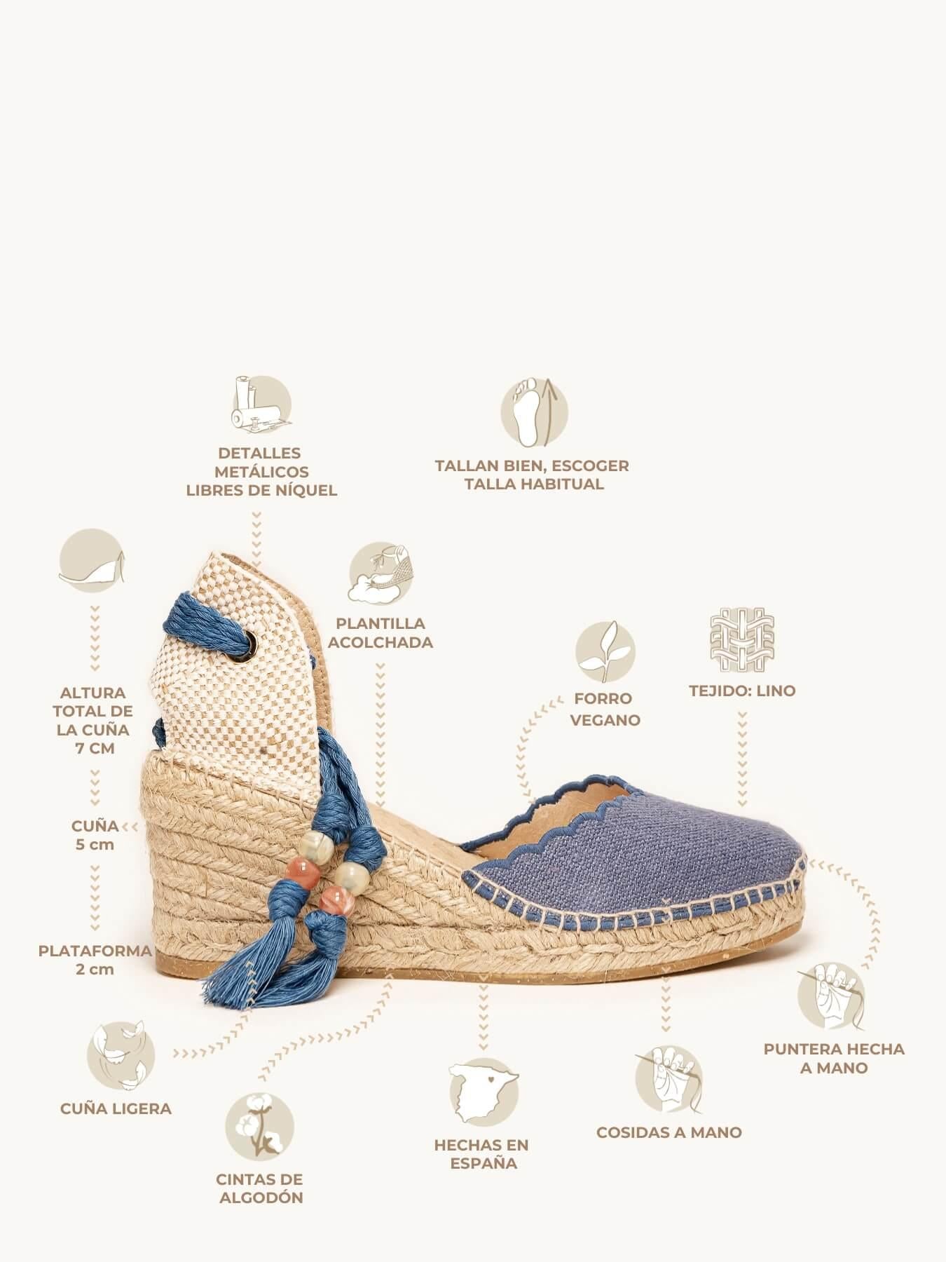 Sandália Romero Anabela 7 cm Linho Azul Jeans