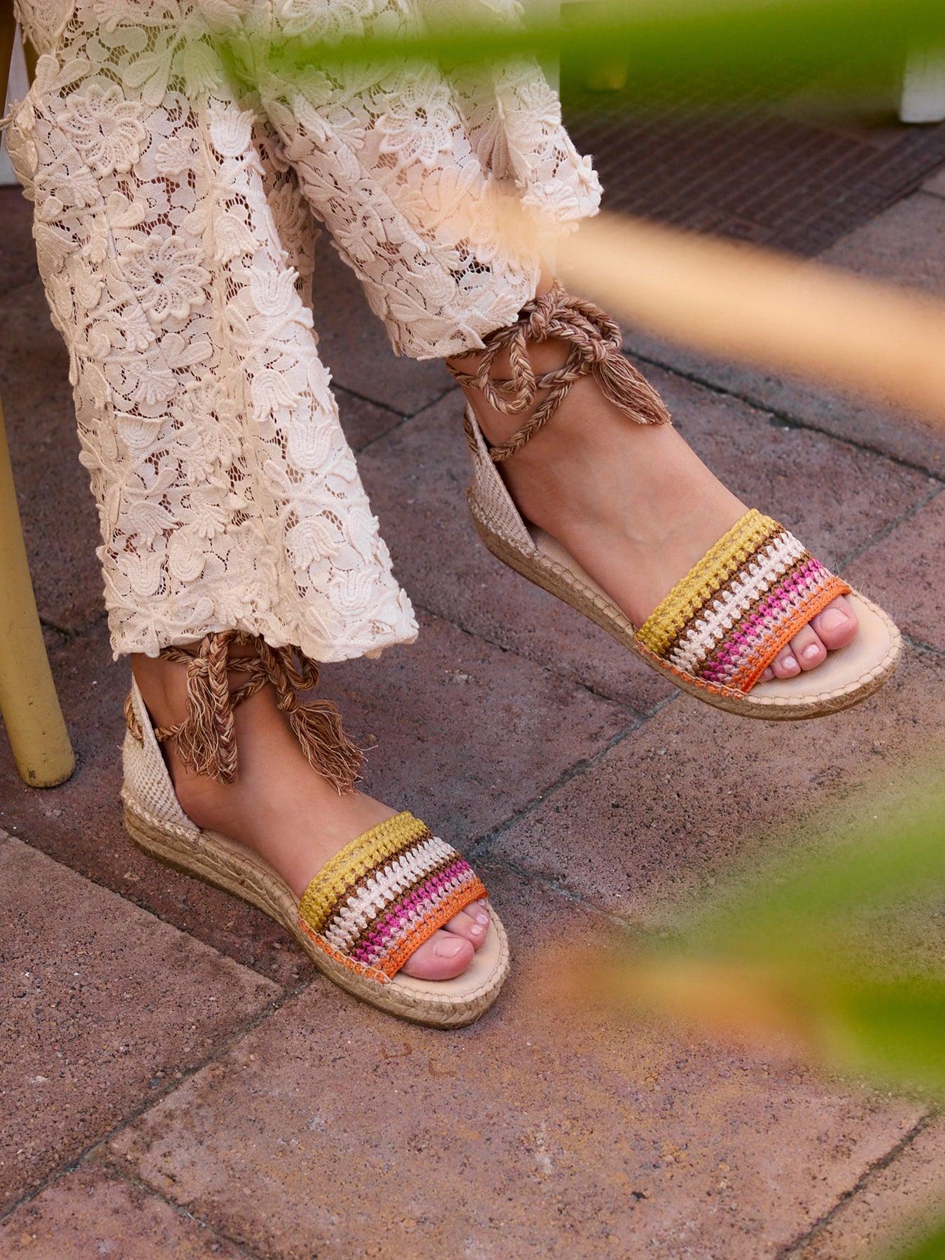 Sandália Aulaga Crochê Listras Laranja