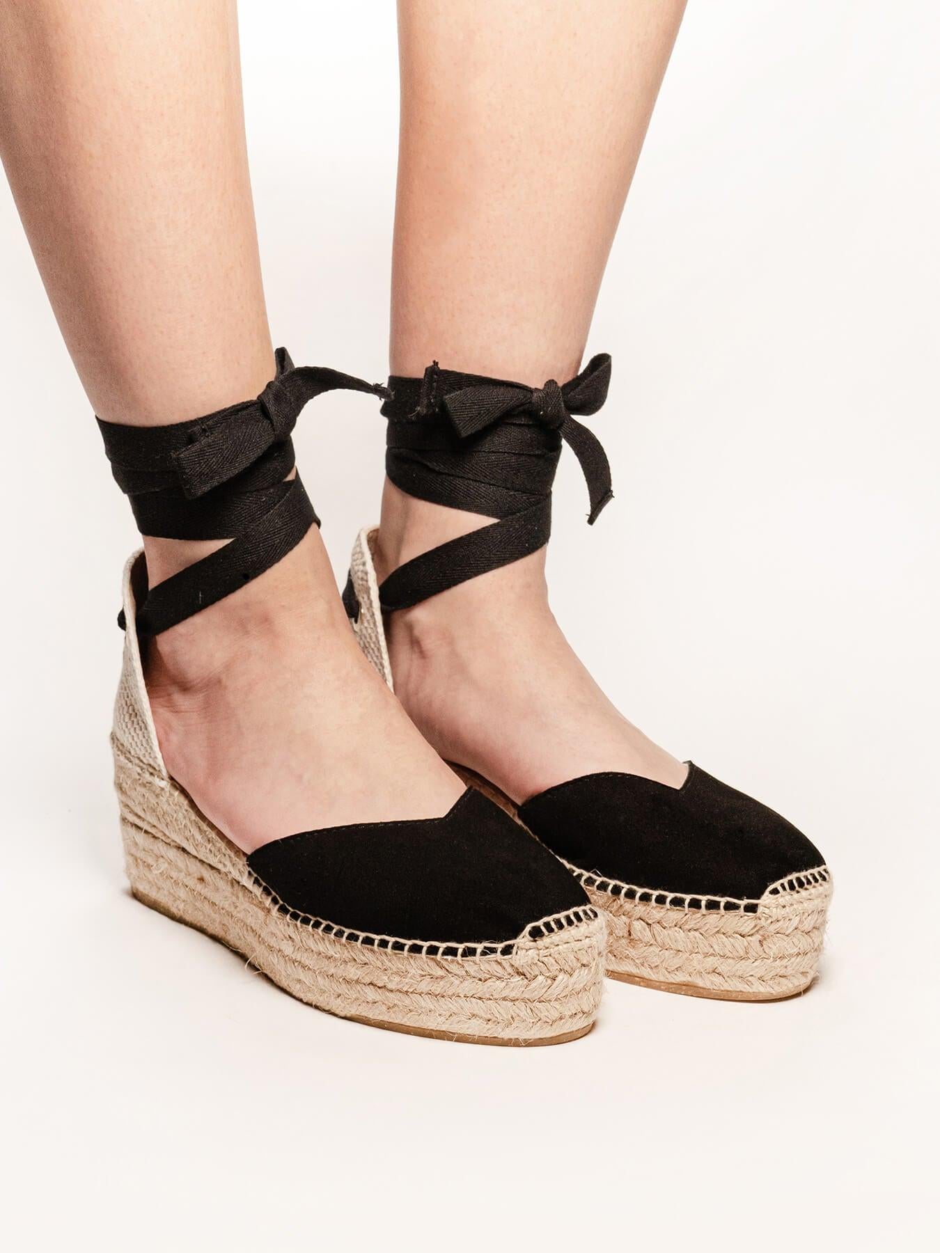 Sandália Romero Anabela 6 cm Camurça Preto