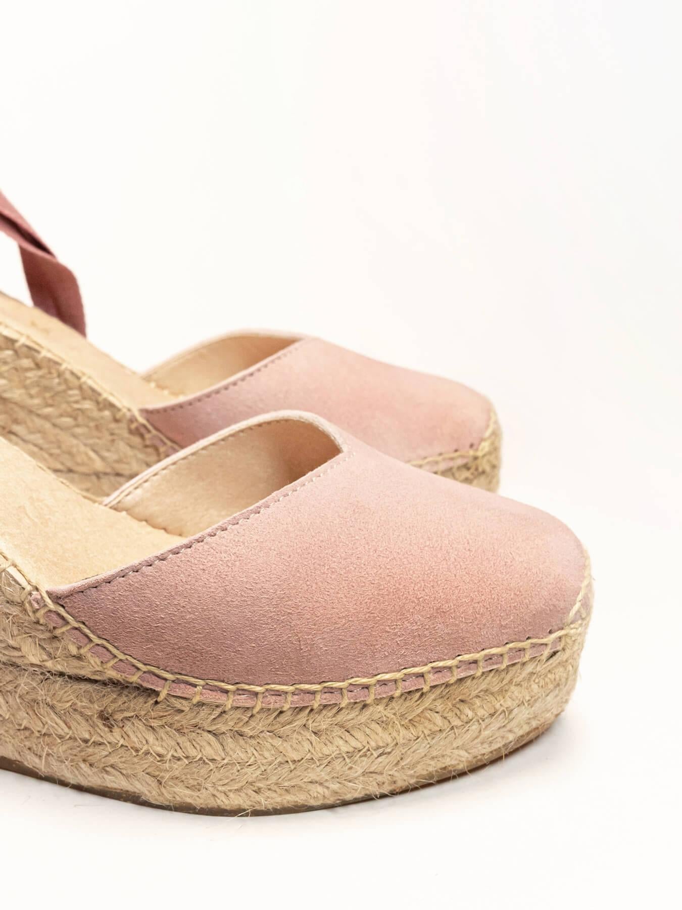 Sandália Anabela Alta Romero Camurça Rosa Claro