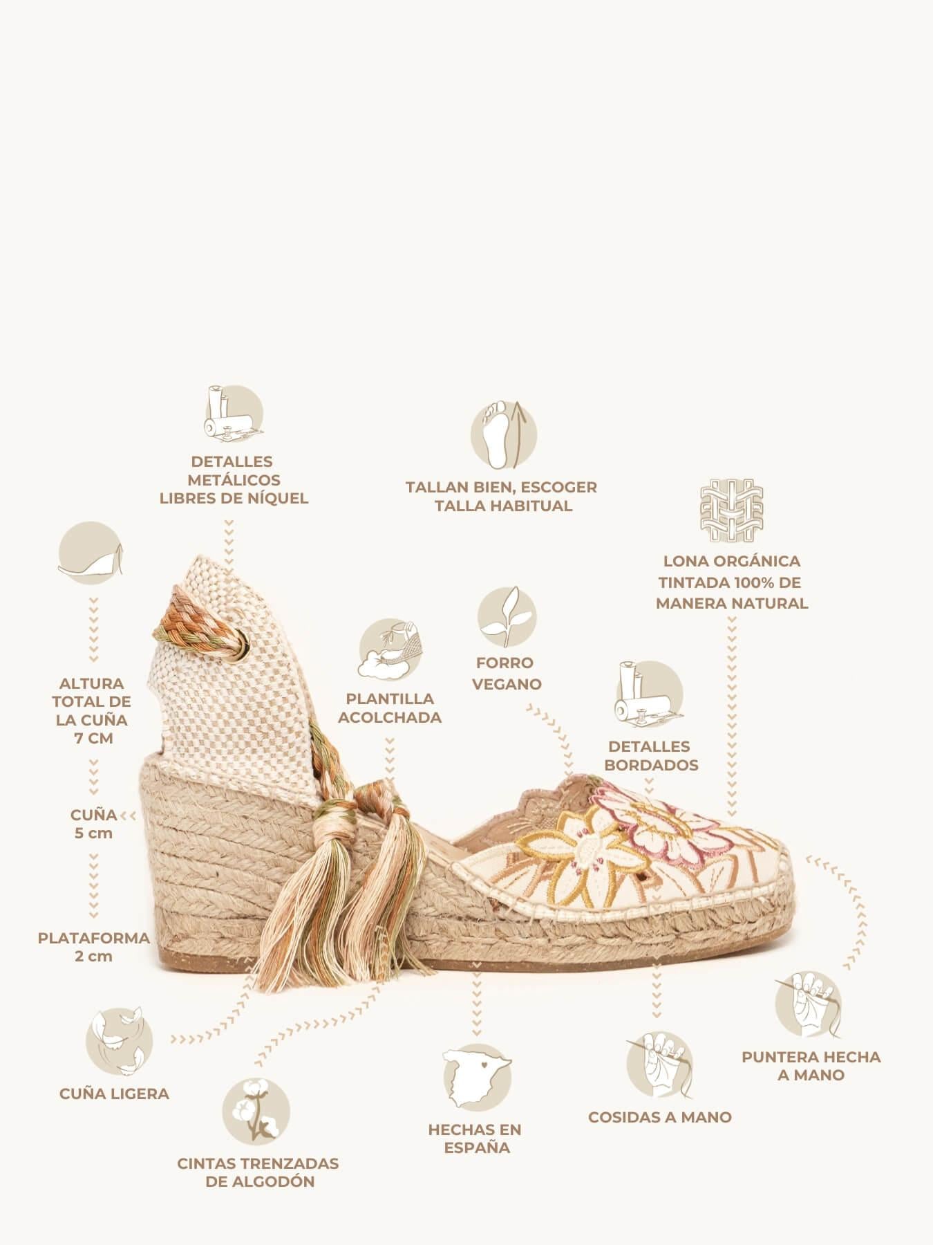 Sandália Anabela Média Romero Bordado Silvestre Rosa