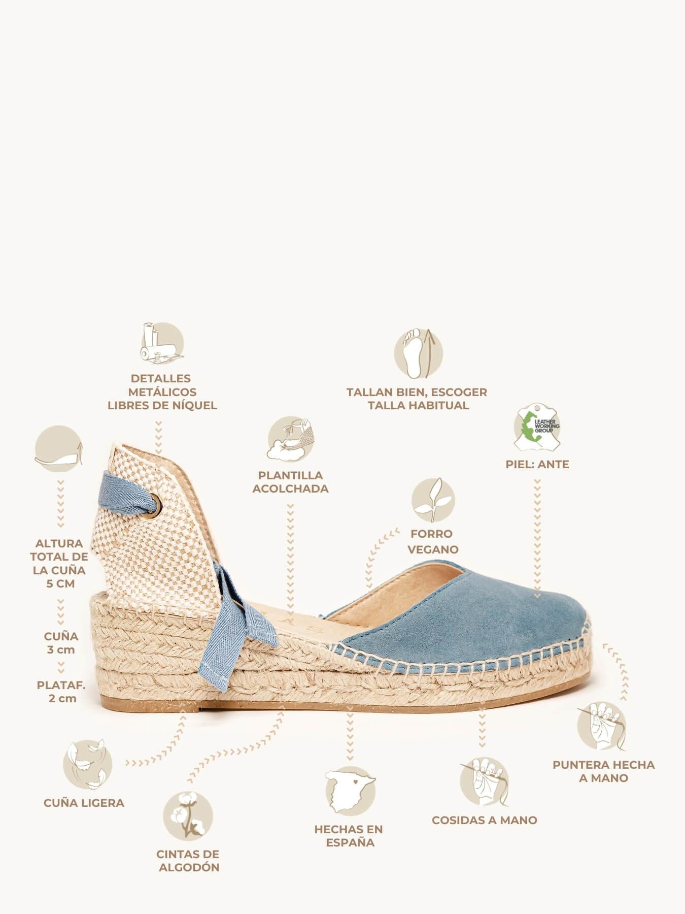 Sandália Romero Anabela 5 cm Camurça Azul Jeans
