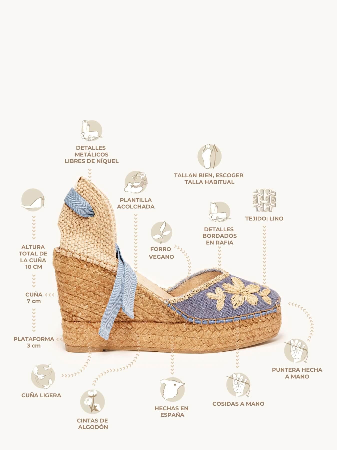 Sandália Romero Anabela 10 cm Bordado Azul Jeans