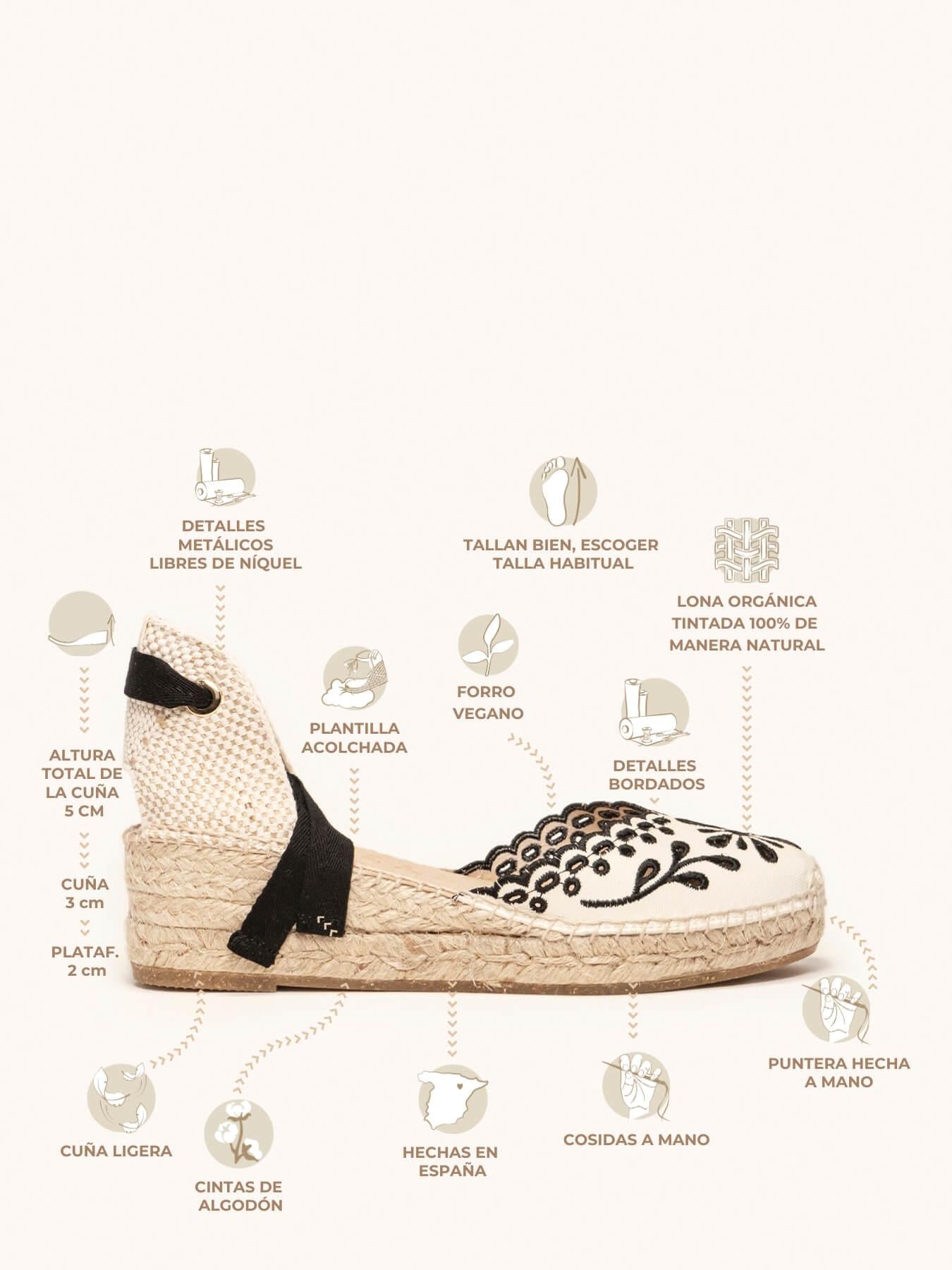 Sandália Anabela Baixa Romero Lona Bordada Preto