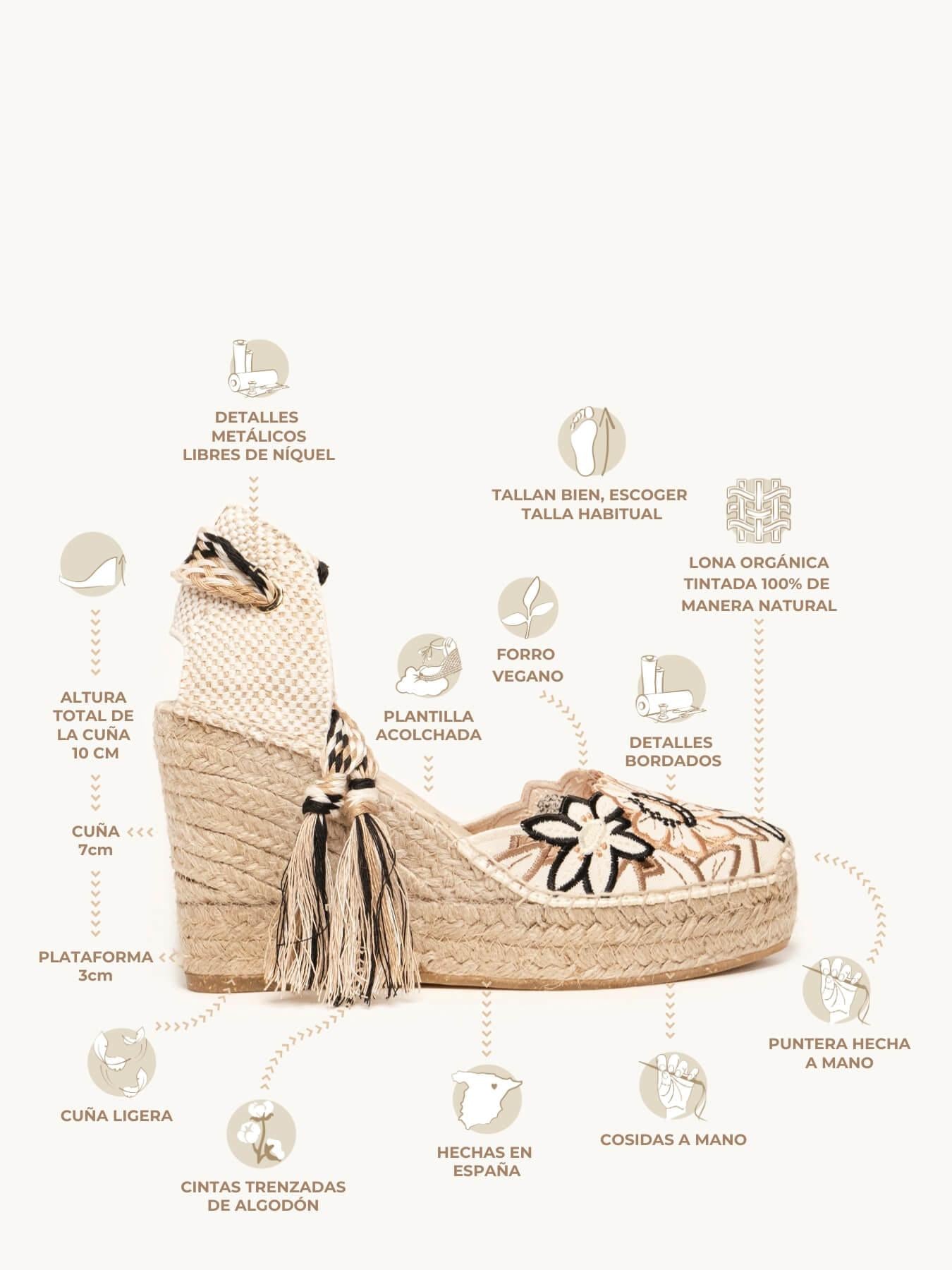 Sandália Anabela Alta Romero Bordado Silvestre Areia