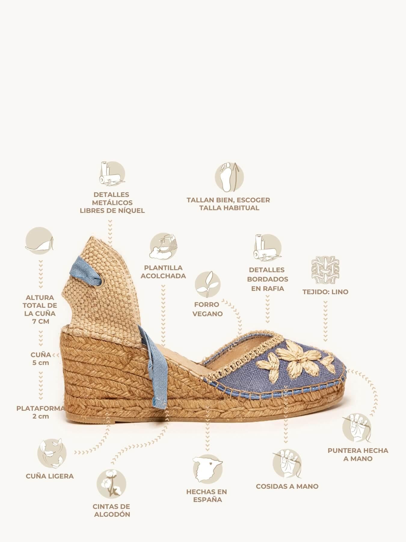 Sandália Romero Anabela 7 cm Bordado Azul Jeans