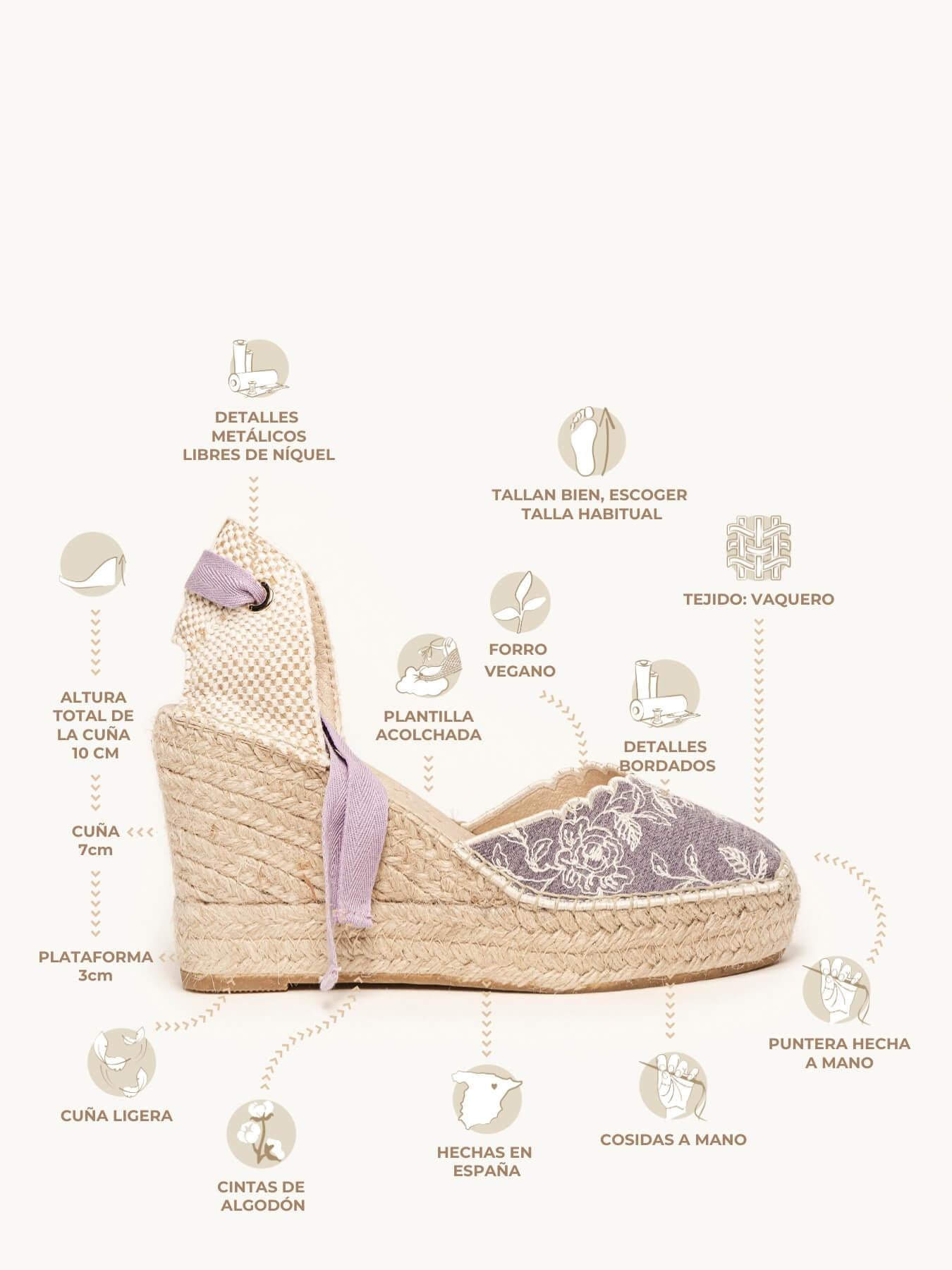 Sandália Anabela Alta Romero Jeans Bordado Lilás