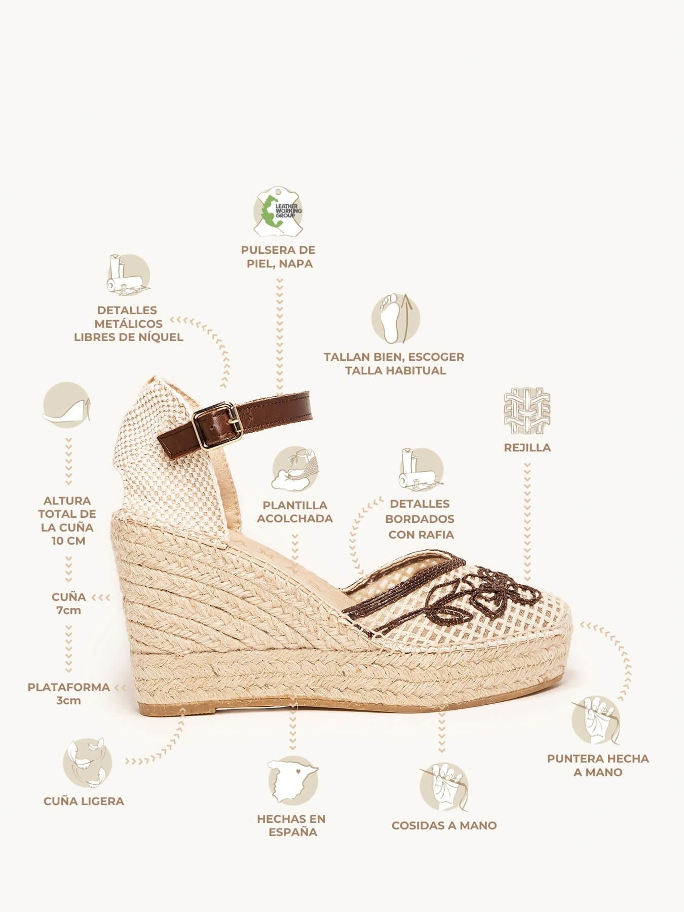 Sandália Jara Anabela 10 cm Bordado Marrom