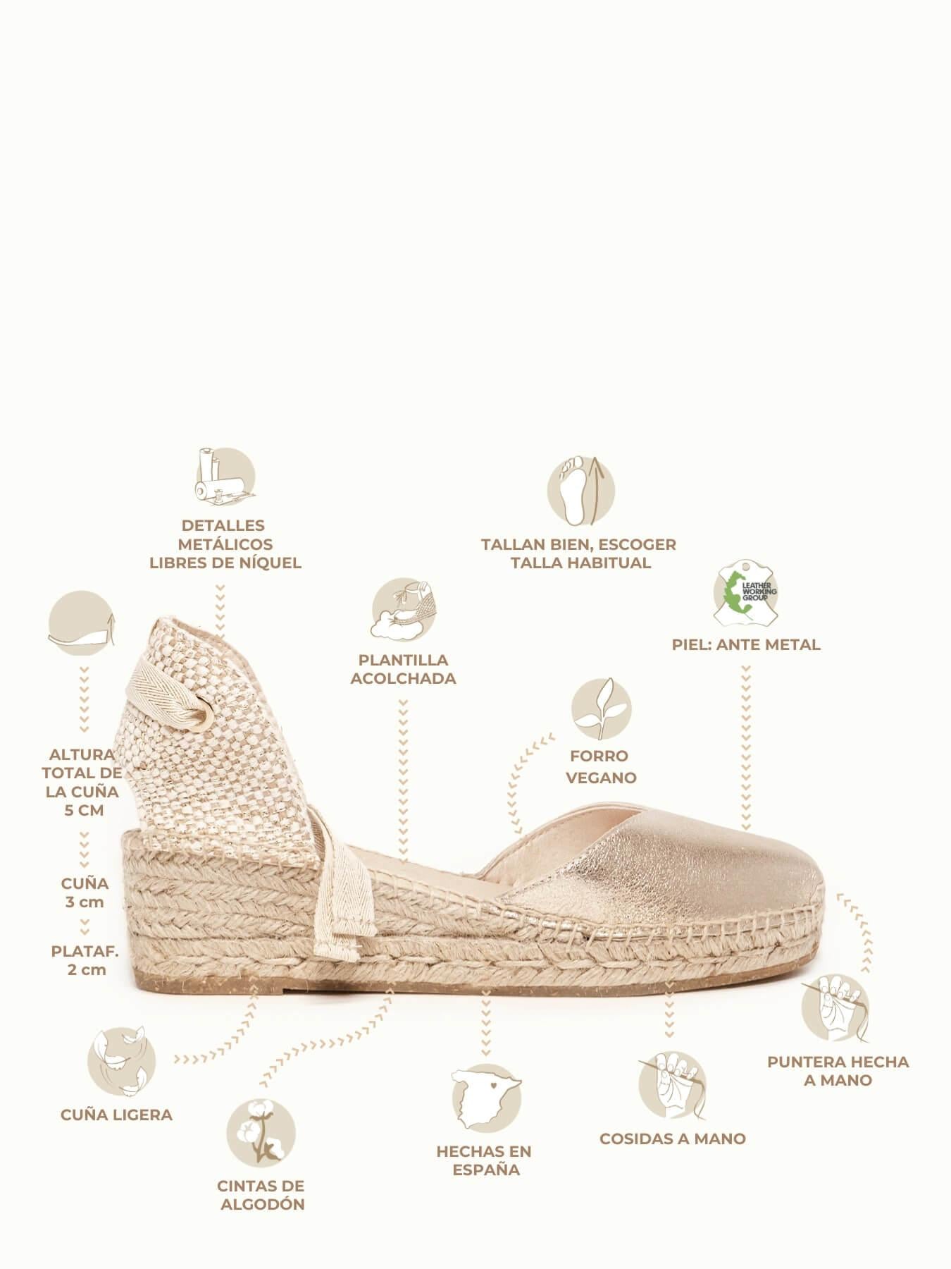 Sandália Anabela Baixa Romero Camurça Dourado Metalizado