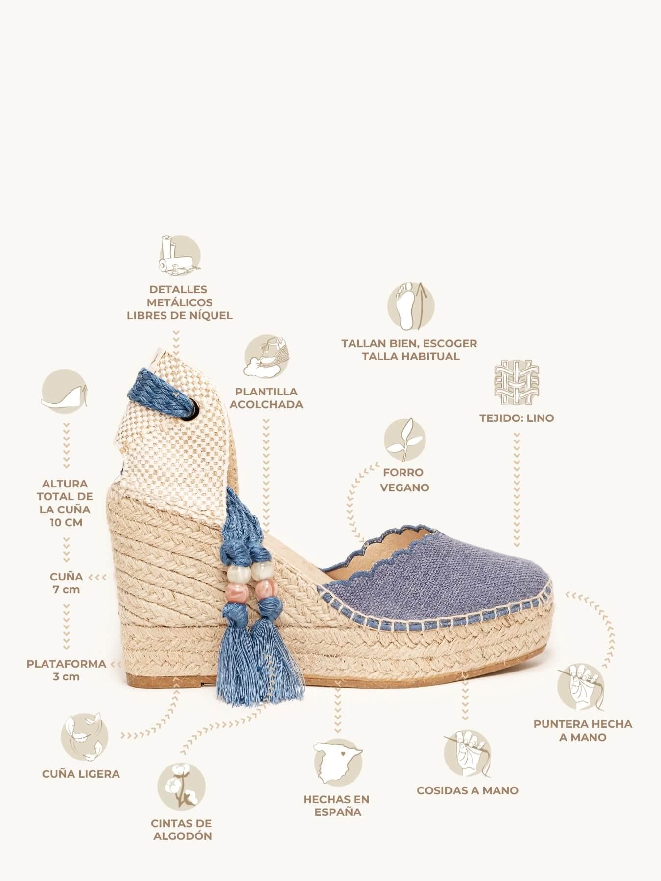 Sandália Romero Anabela 10 cm Linho Azul Jeans