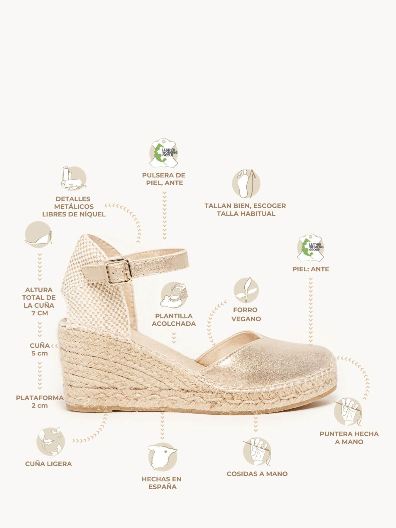 Sandália Anabela Média Jara Camurça Dourado Metalizado