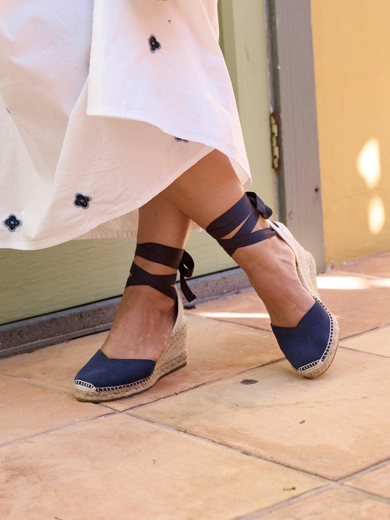 Sandália Romero Anabela 7 cm Camurça Azul Marinho