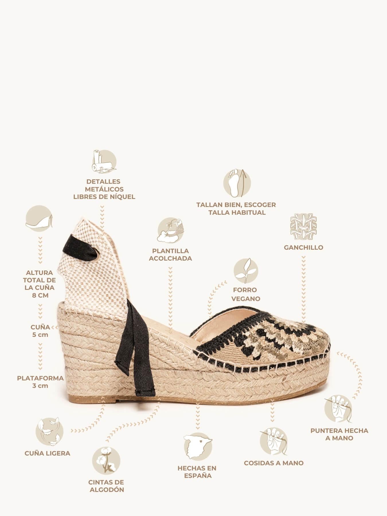 Sandália Romero Anabela 8 cm Crochê Preto