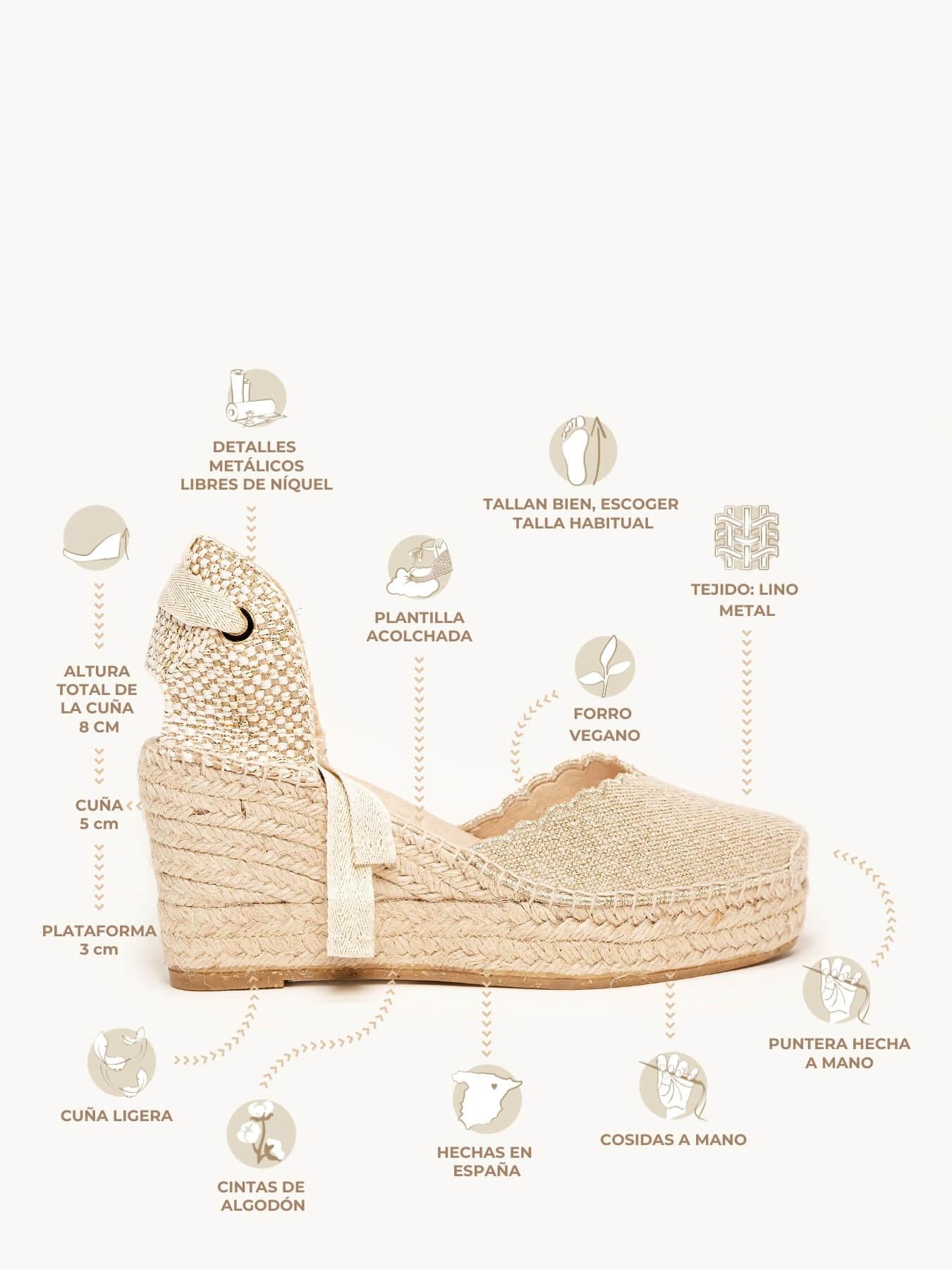 Sandália Romero Anabela 8 cm Linho Dourado