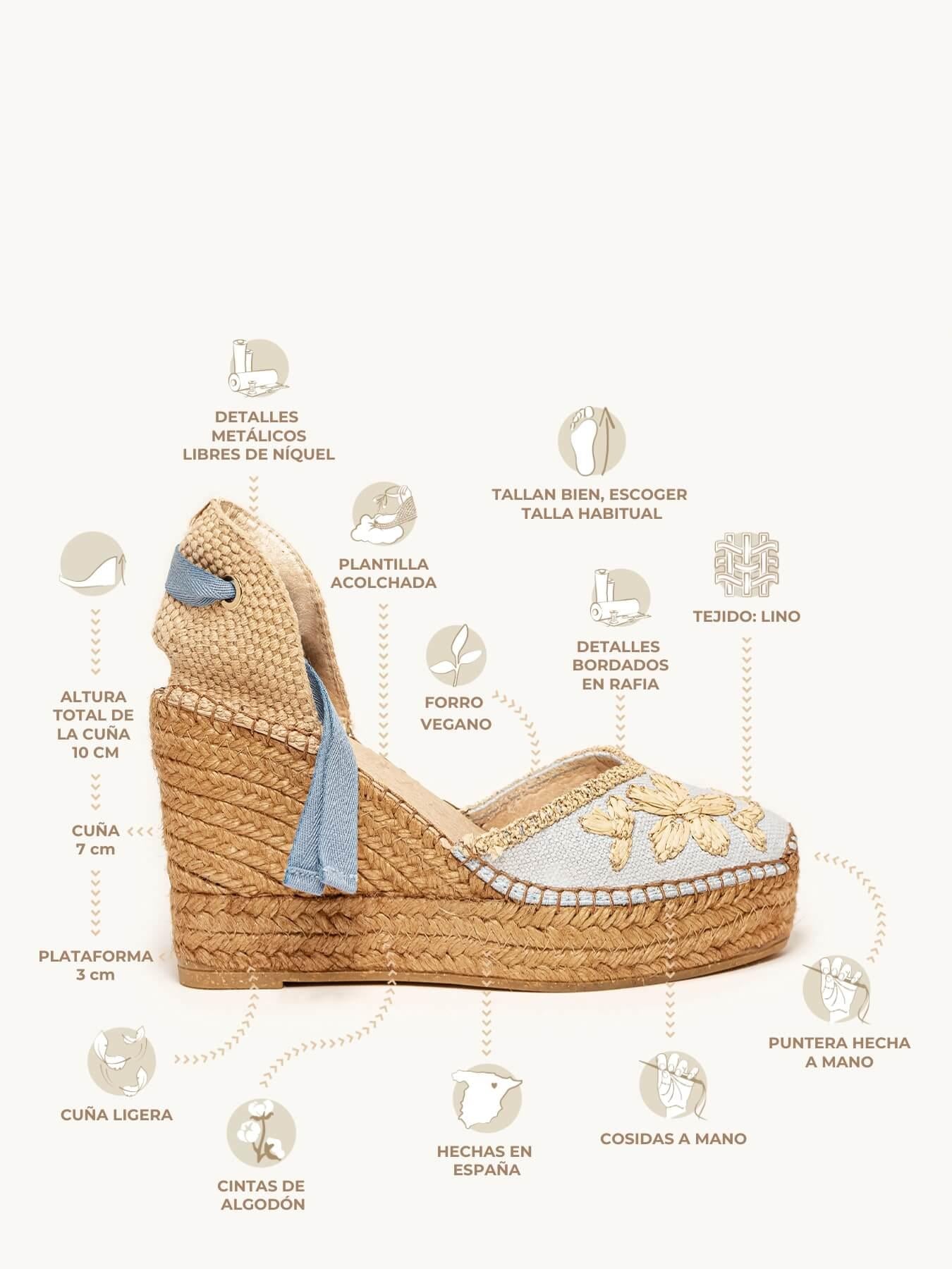 Sandália Romero Anabela 10 cm Bordado Azul Claro