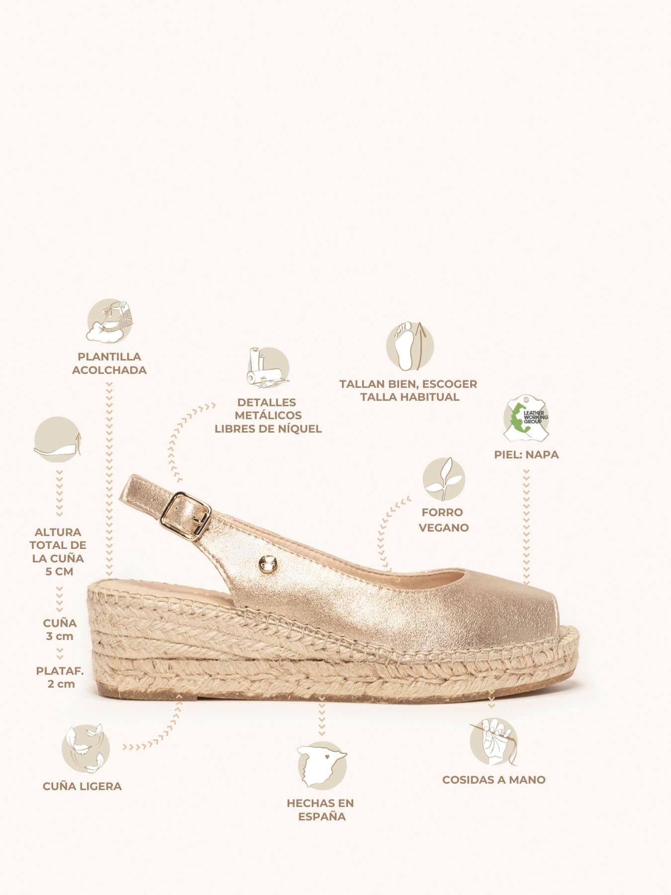 Sandália Anabela Baixa Clavel Camurça Ouro Metalizado