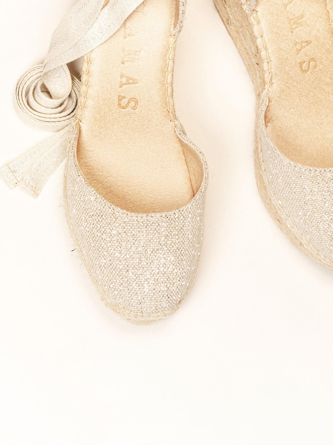 Sandália Anabela Alta Cala Linho Metal Prata