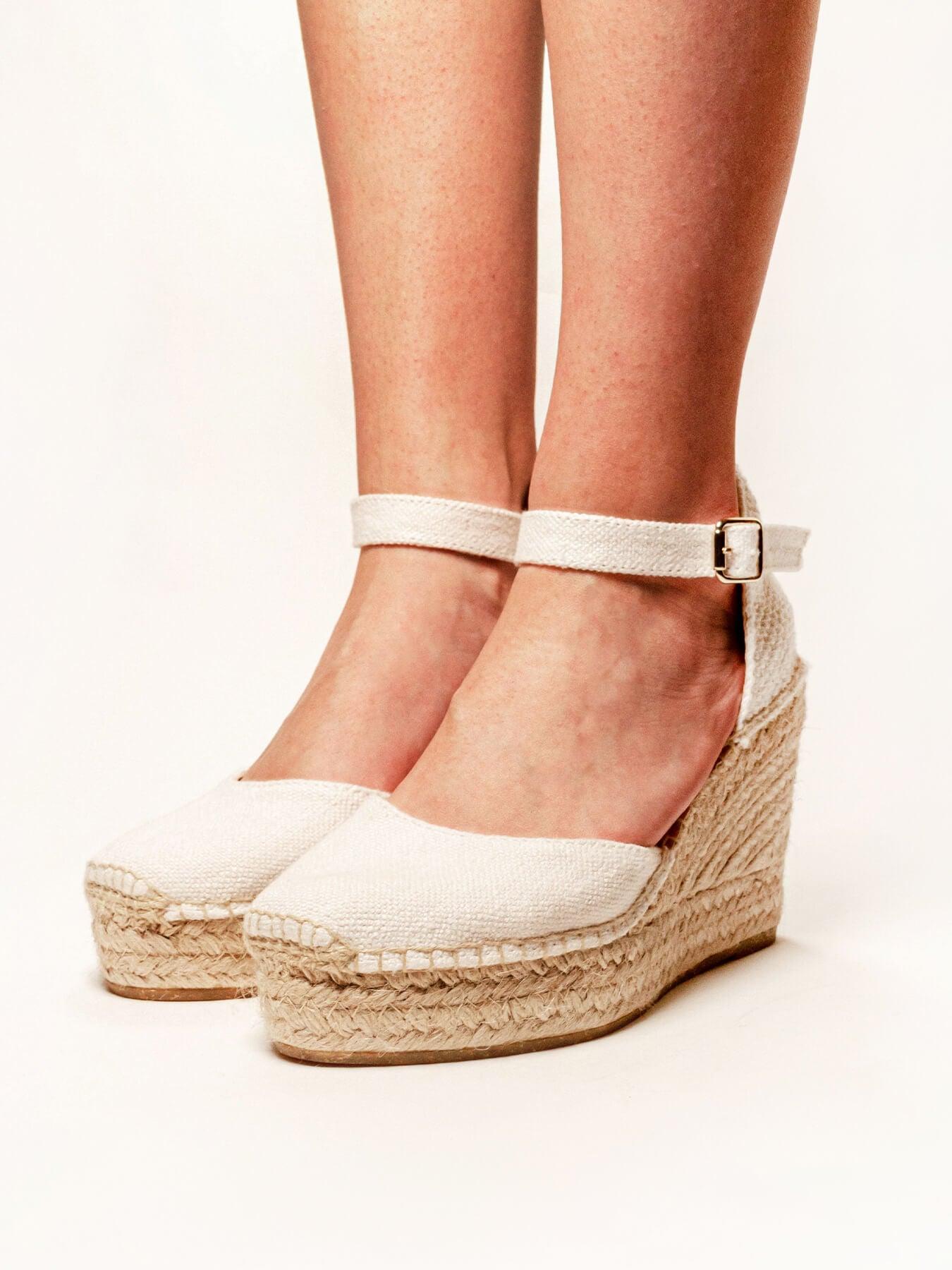 Sandália Anabela Alta Dalia Linho Branca