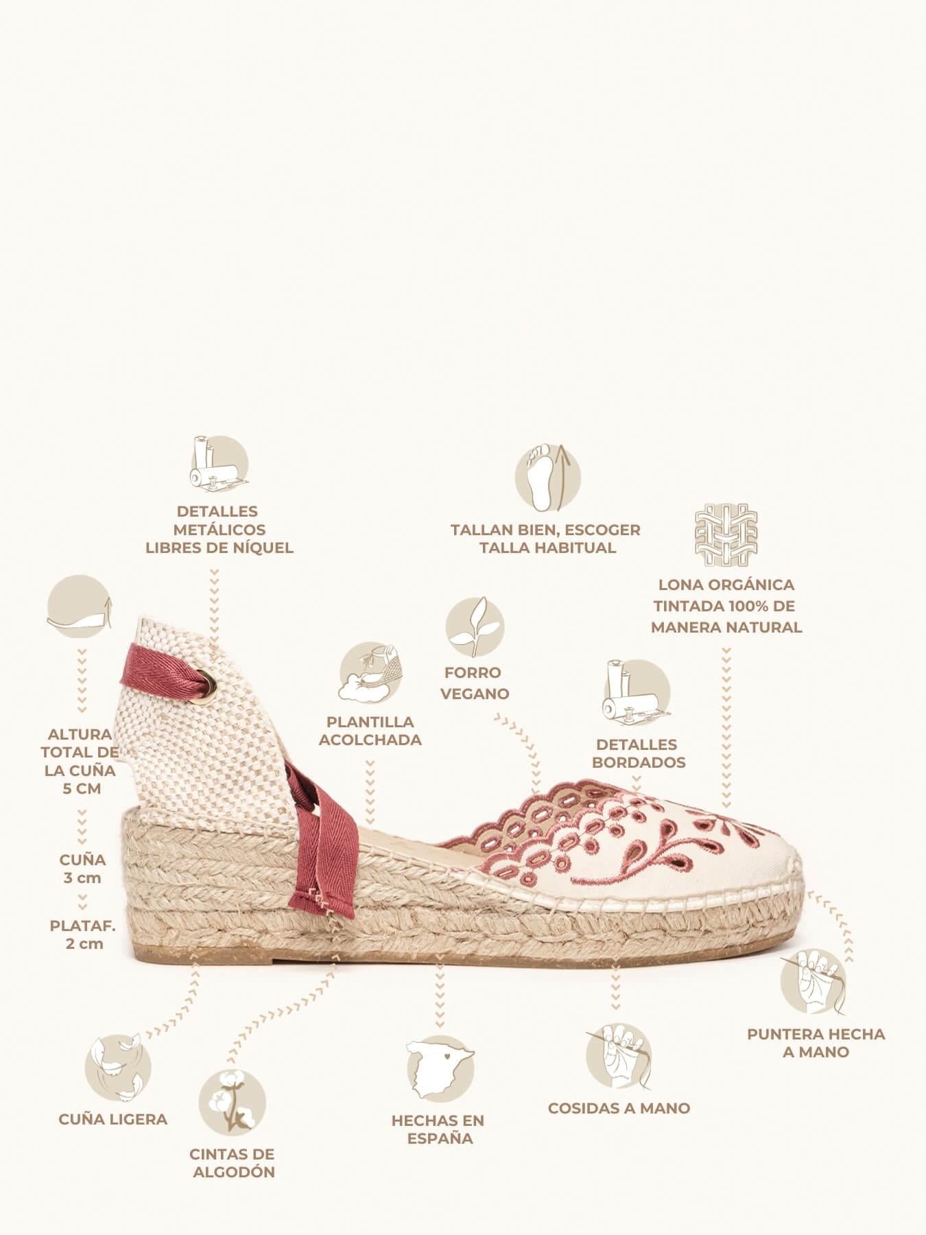 Sandália Anabela Baixa Romero Lona Bordada Grená